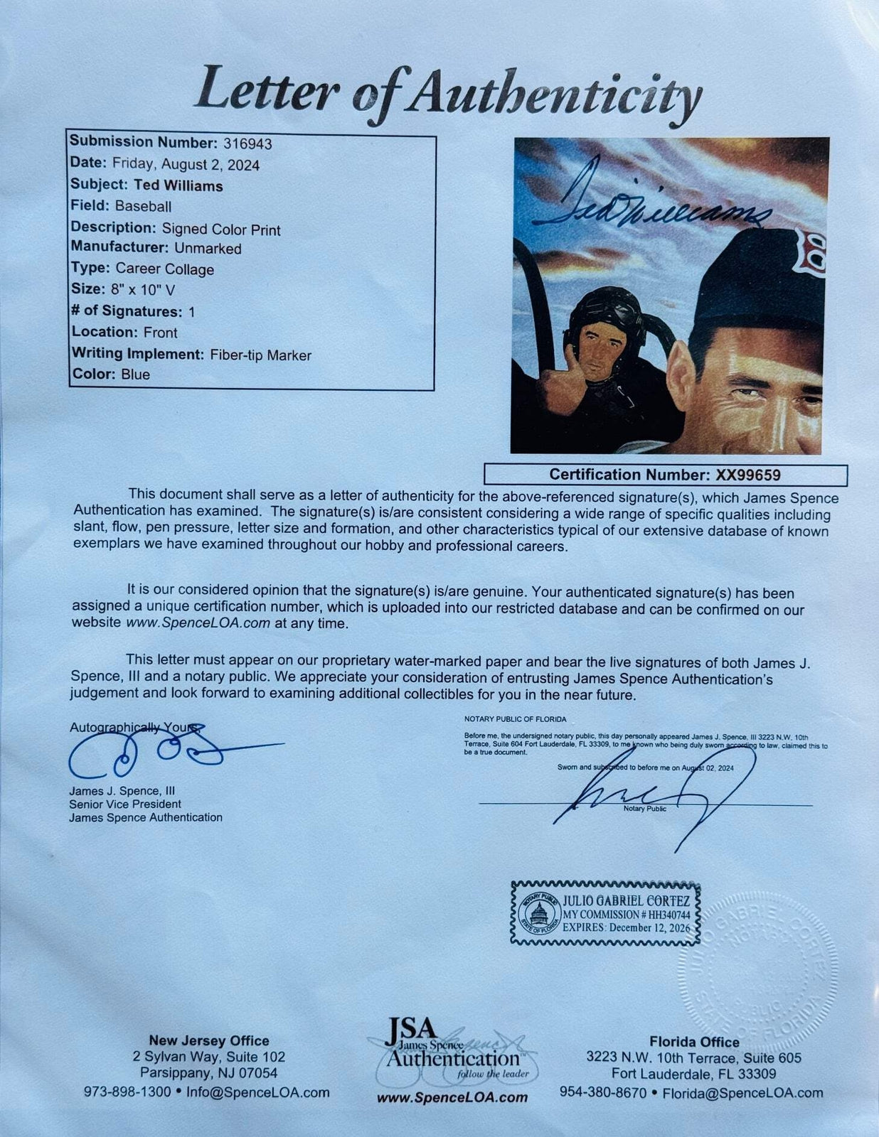 Ted Williams Autographed 8X10 Framed Baseball Photo (Jsa)