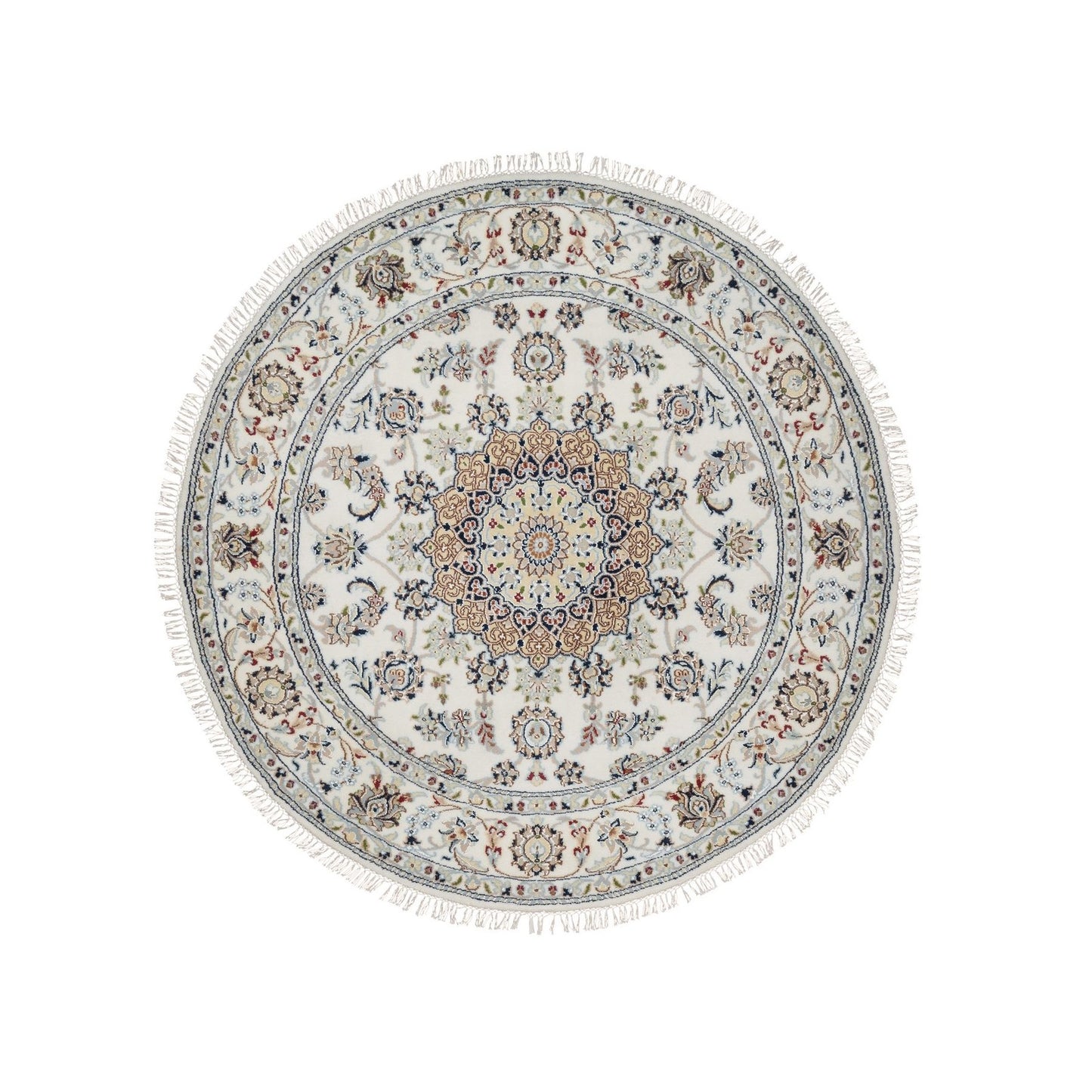 5'X5' Ivory Nain With Flower Design Hand Knotted Wool And Silk Round Rug