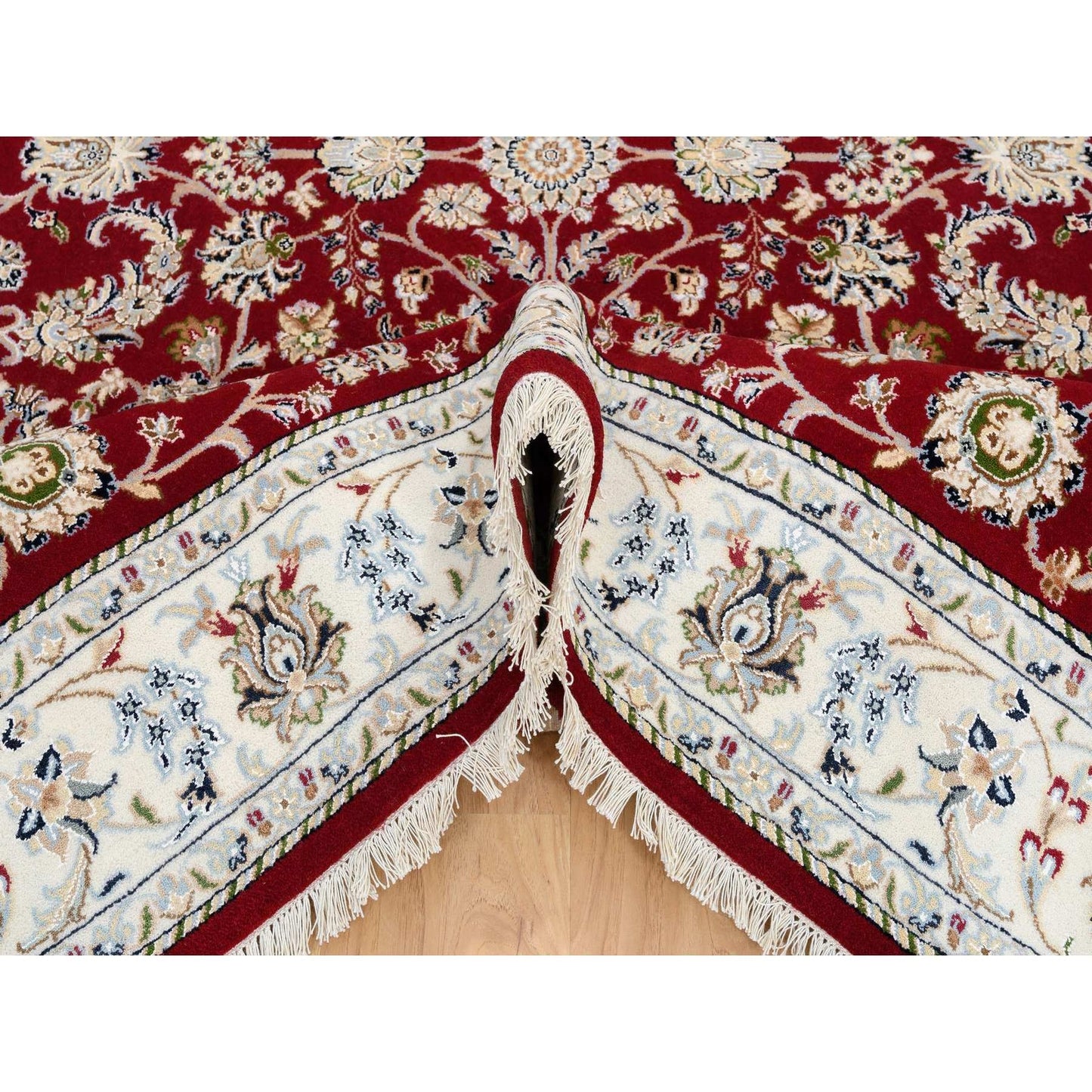 6'X8'10" Cherry Red Nain Flower Design 250 Kpsi Wool Hand Knotted Rug