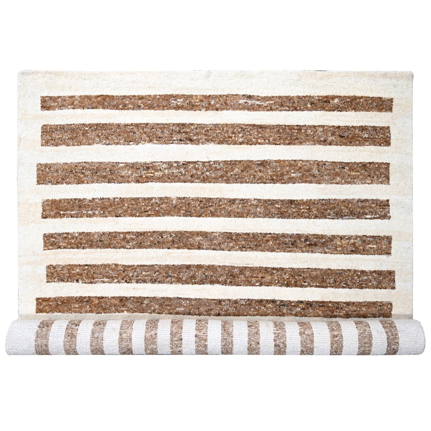 12'2"X14'10" Brown Wool Minimalist Stripe Hand Knotted Oversized Rug