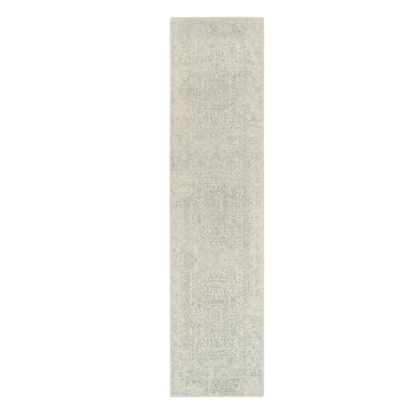 2'6"X10'1" Beige Hand Loomed Wool Silk Fine Jacquard Oriental Runner Rug