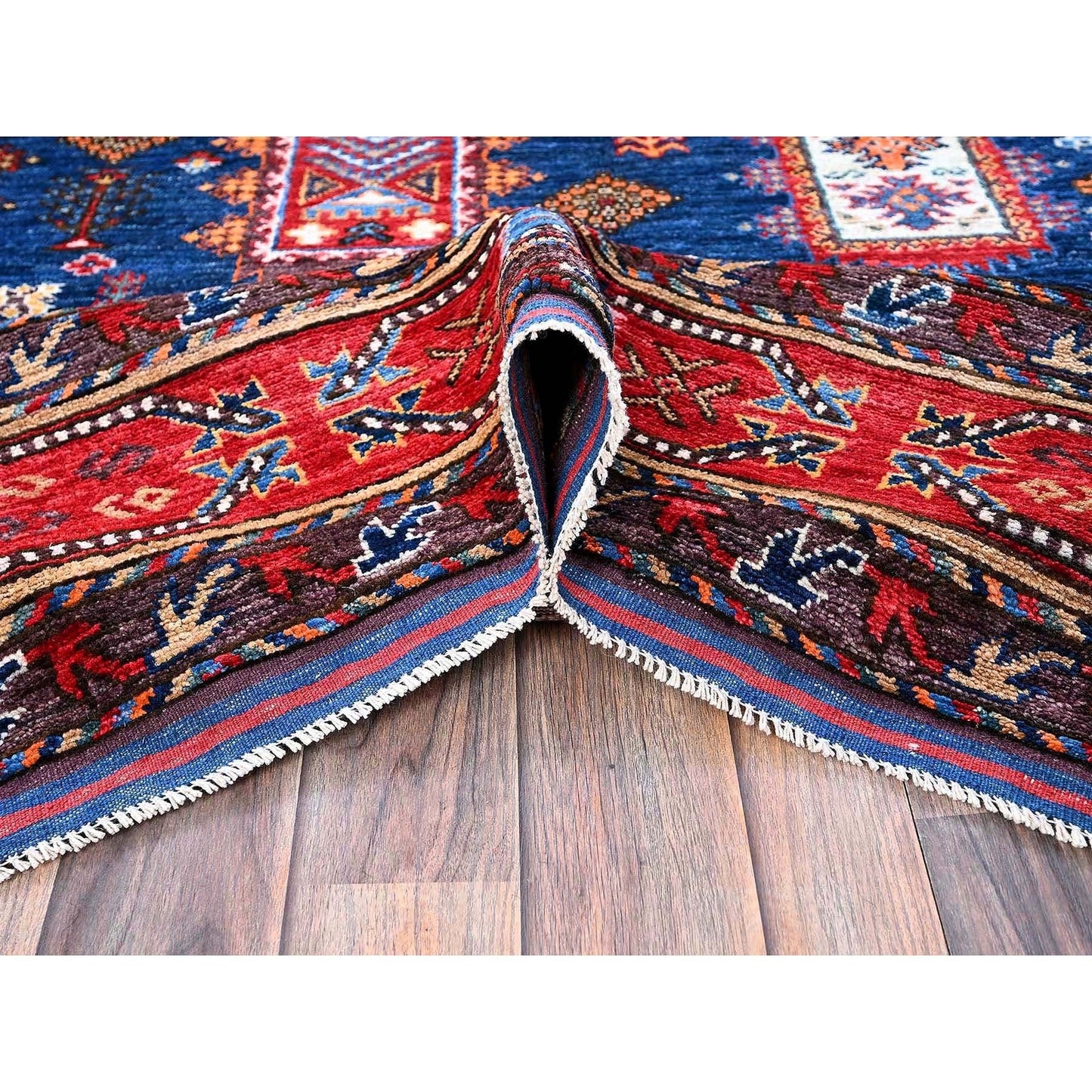 6'1"X8'5" Blue Afghan Caucasian Design Revival Hand Knotted Soft Wool Rug