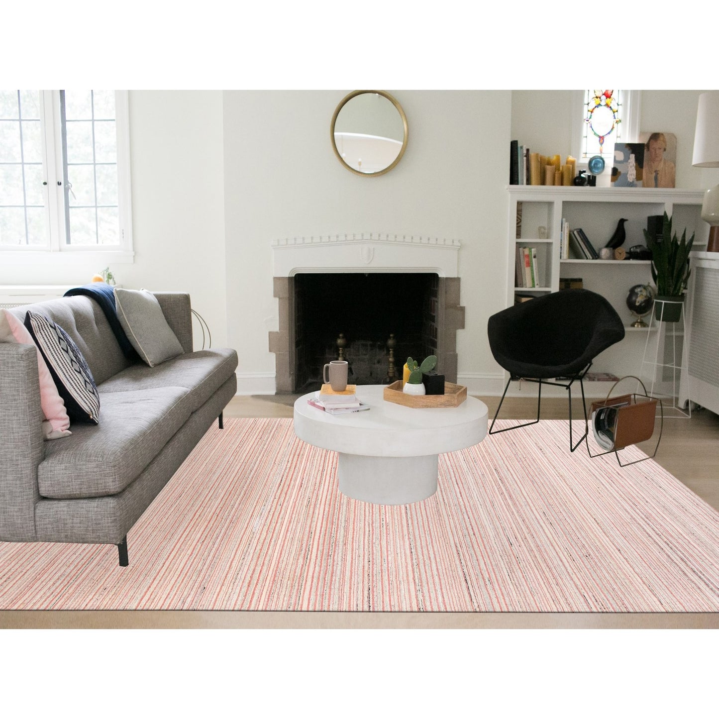 9'1"X12' Ivory With Coral Red Wool Plain Modern Design Hand Loomed Rug