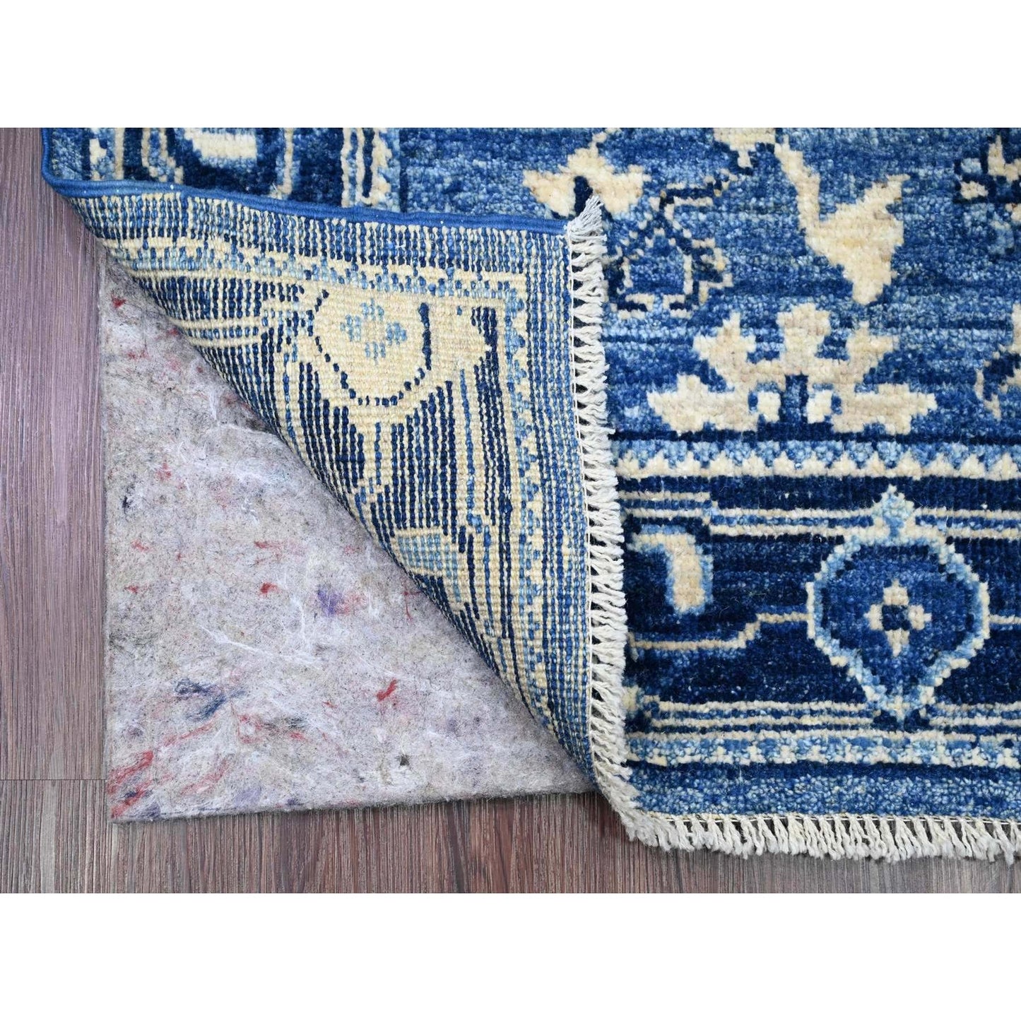 2'9"X19'8" Blue Hand Knotted Angora Oushak Leaf Design Wool Runner Rug