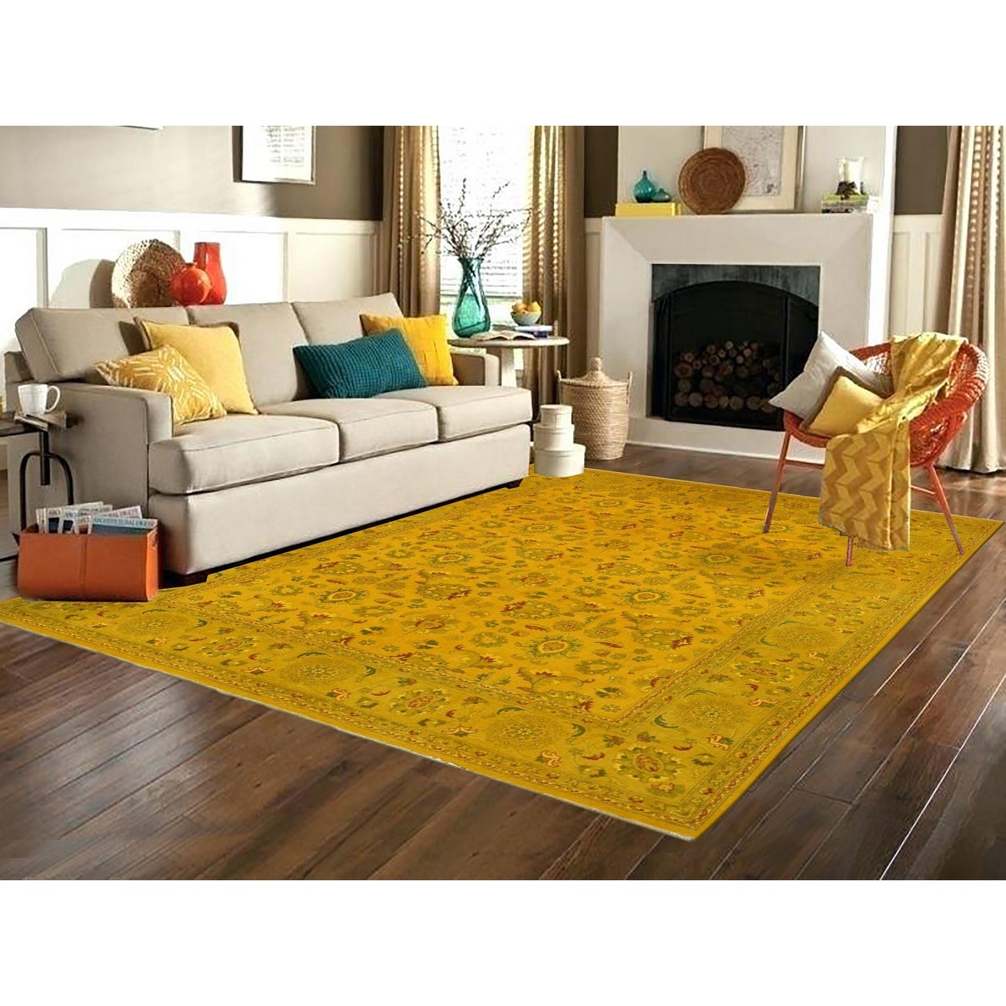 8'2"X10'1" Golden Overdyed Zoroastrian Design Wool Hand Knotted Rug