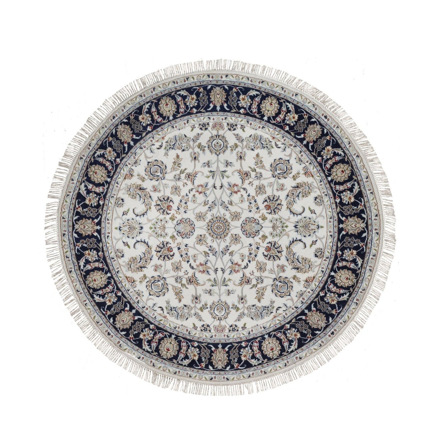 6'2"X6'2" Ivory Nain Flower Design Wool And Silk Hand Knotted Round Rug