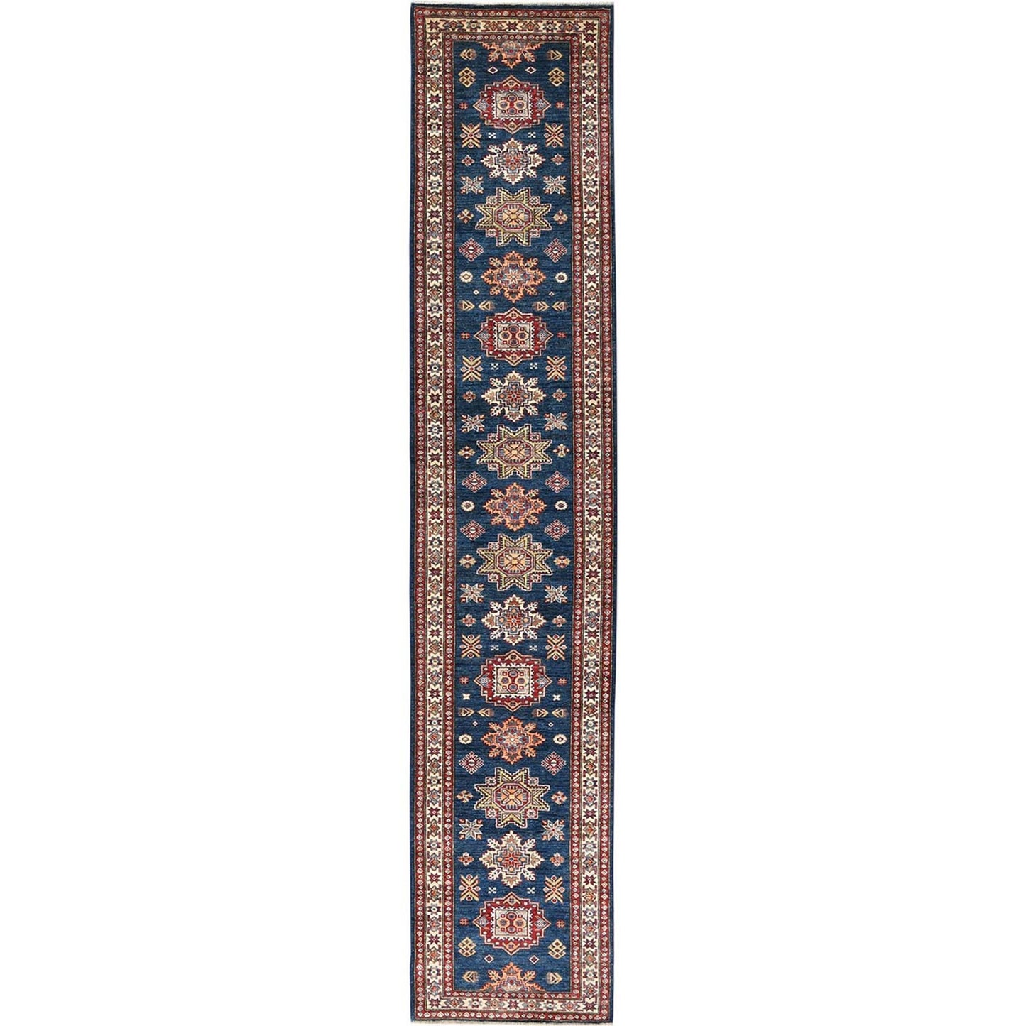2'10"X13'8" Blue Afghan Super Kazak Wool Hand Knotted Runner Rug