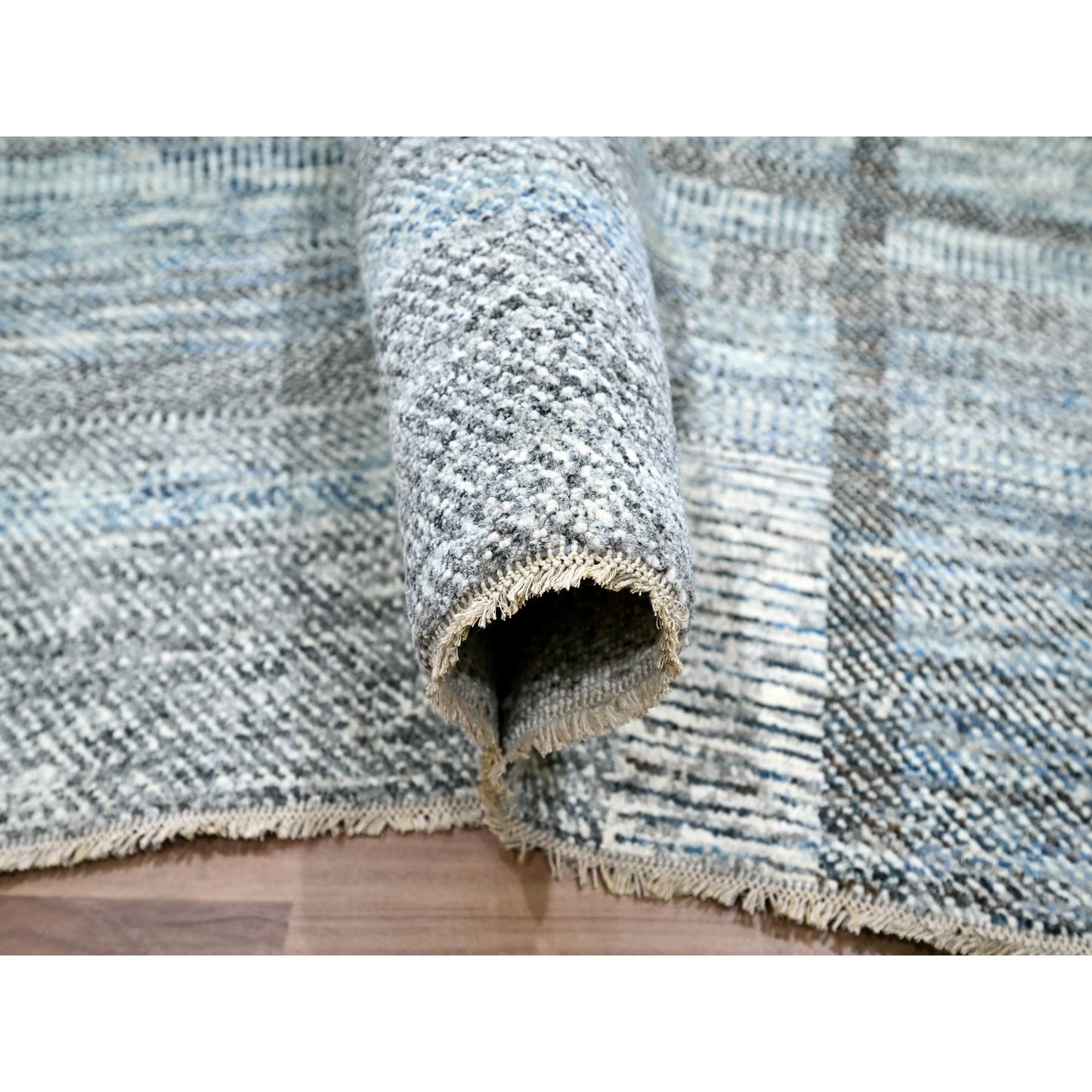 9'X12'1" Barely Blue Modern Geometric Plaid Design Wool Hand Knotted Rug