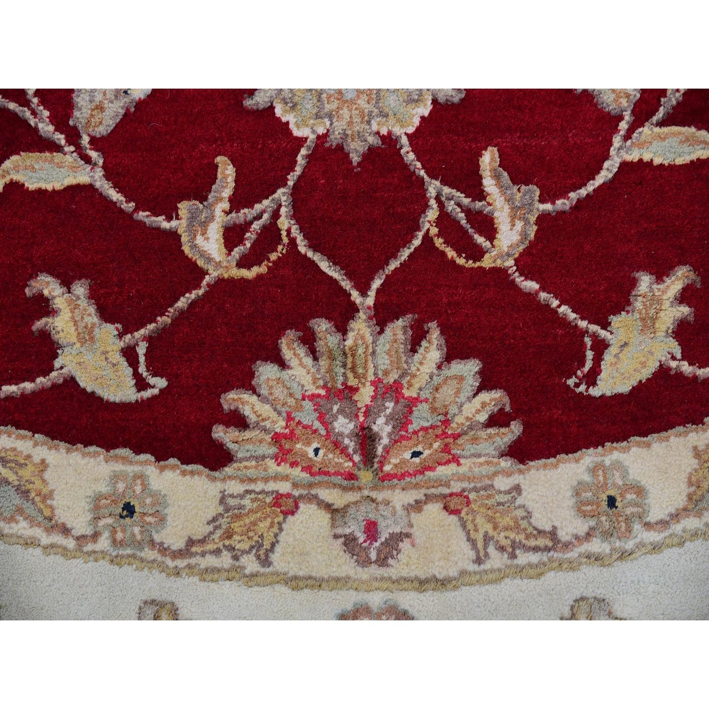 8'X8' Red Rajasthan Leaf Design Wool Silk Pile Hand Knotted Round Rug