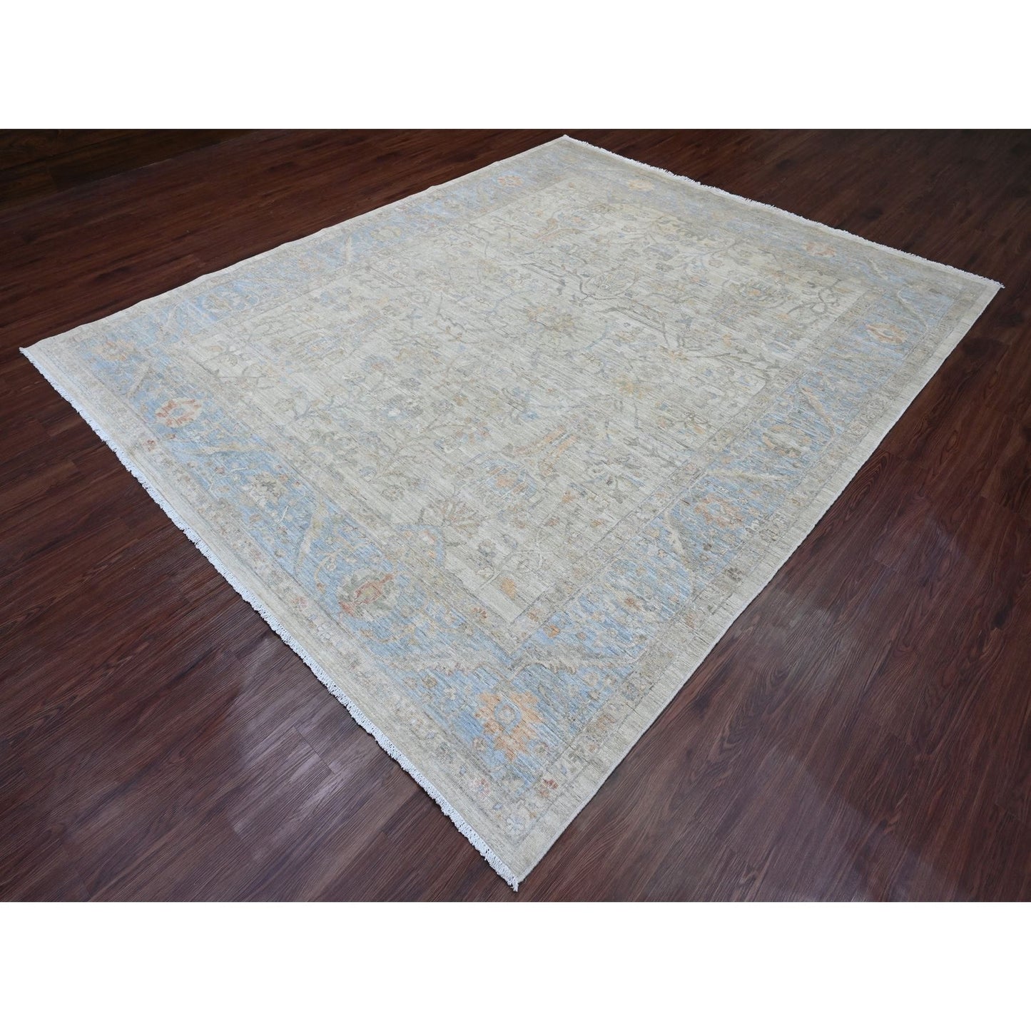8'2"X10' White Afghan Peshawar Heris All Over Motif Hand Knotted Wool Rug