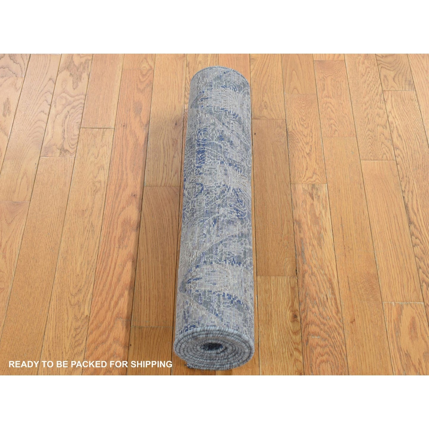 2'6"X6' Blue Silk With Wool Erased Rosette Design Hand Knotted Runner Rug