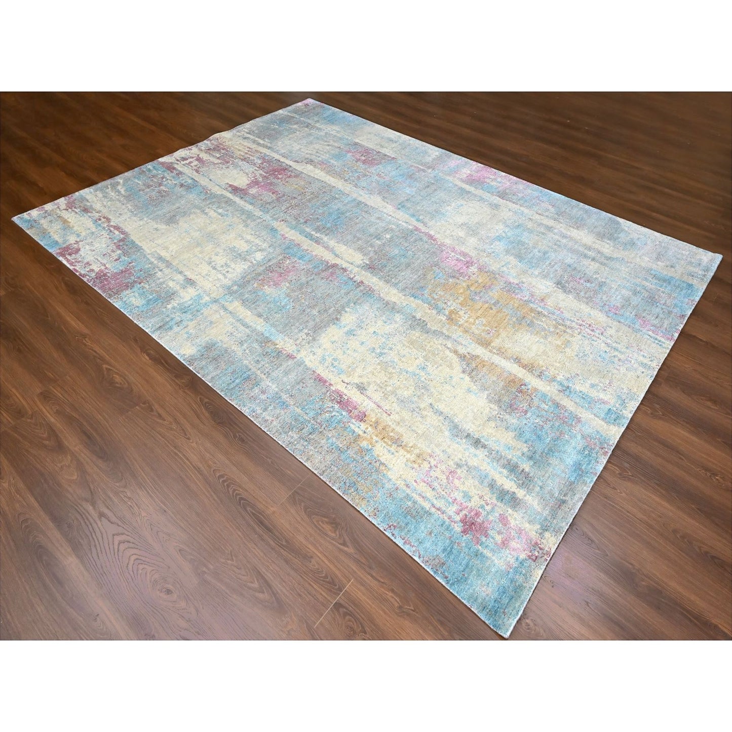 9'X12' Pastel Yellow Abstract Design Wool And Silk Shiny Hand Knotted Rug