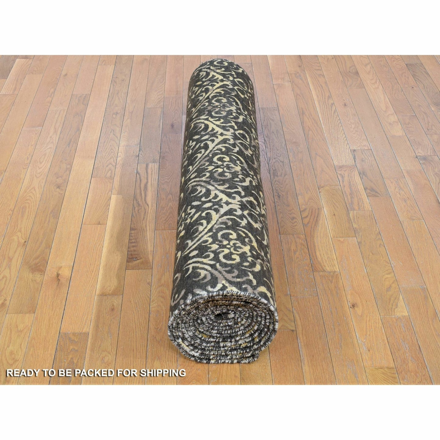 4'8"X18'2" Brown Modern Damask Hand Knotted Wool And Silk Wide Runner Rug