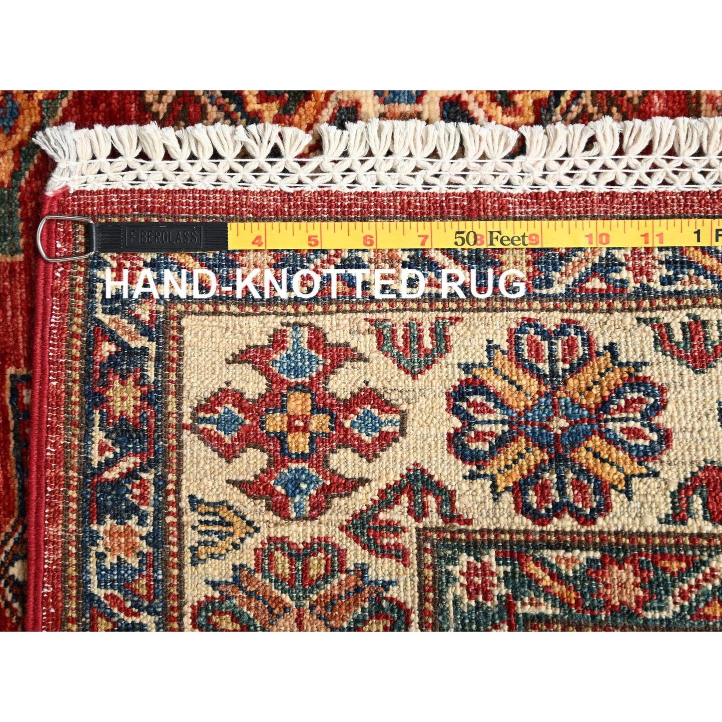 4'1"X5'9" Red Hand Knotted Afghan Super Kazak Medallions Design Wool Rug
