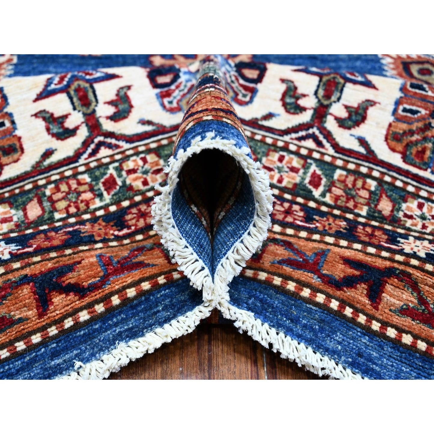 9'10"X13'5" Periwinkle Blue Super Kazak Wool Hand Knotted Geometric Rug