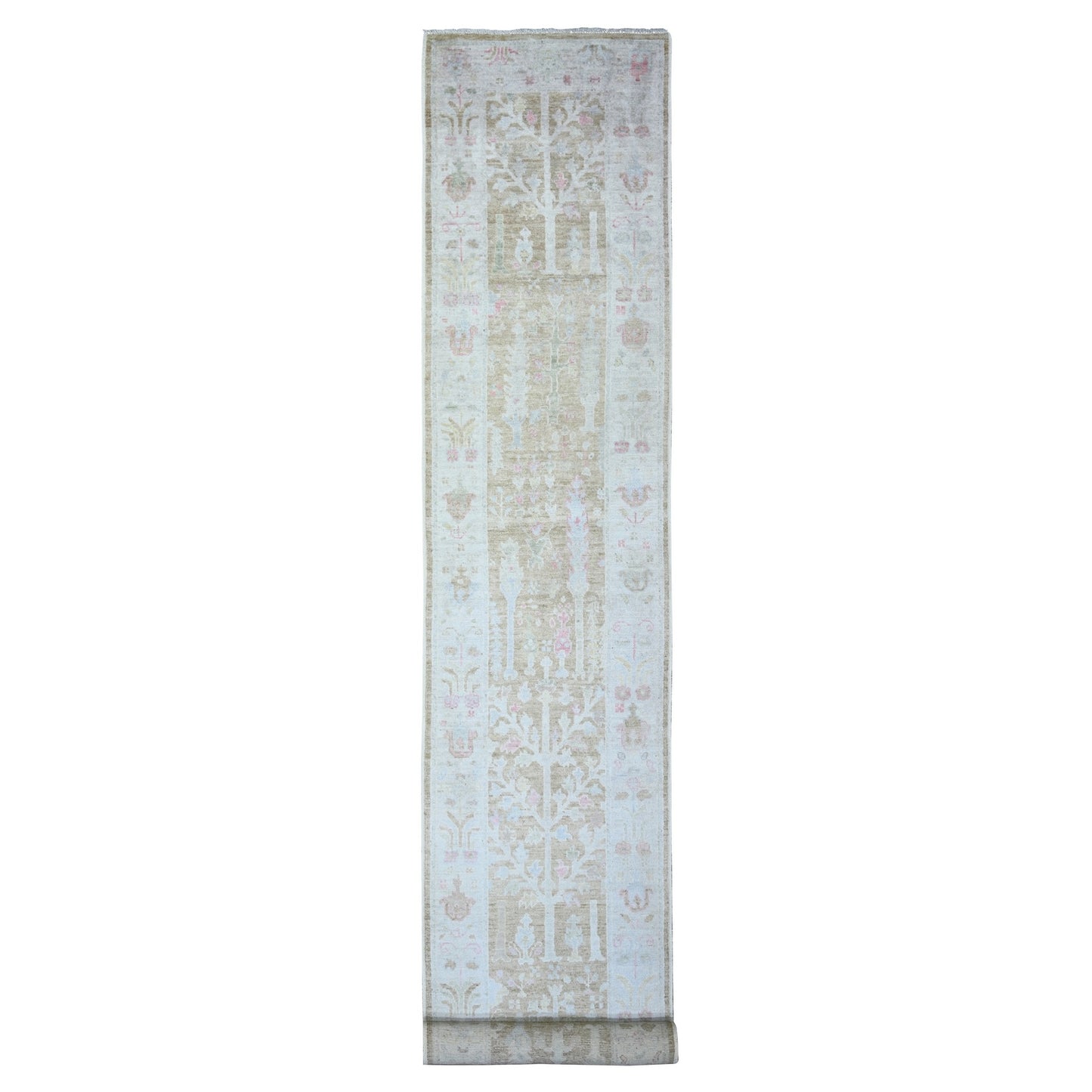 2'9"X19' Faded Brown Afghan Angora Oushak Wool Hand Knotted Runner Rug
