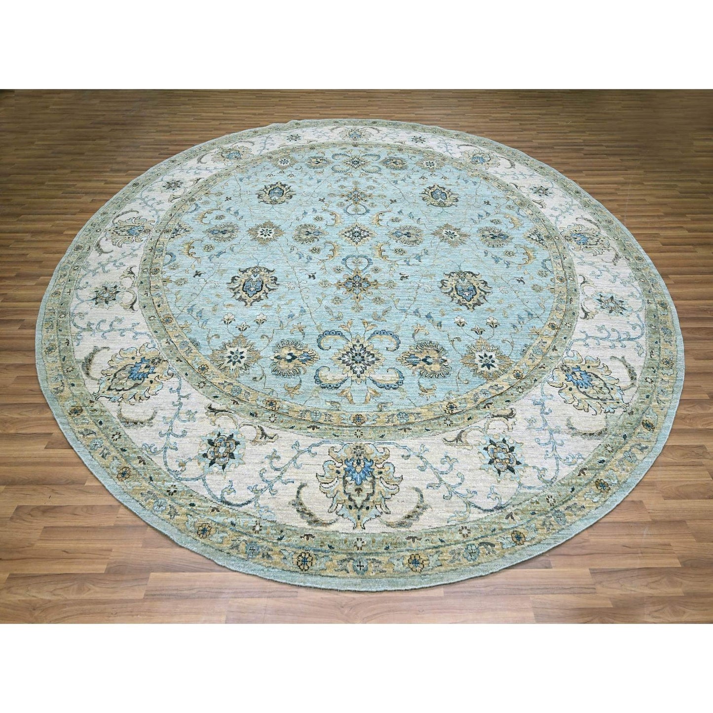 11'10"X11'10" Blue Shah Abbas Vines Design Hand Knotted Wool Round Rug