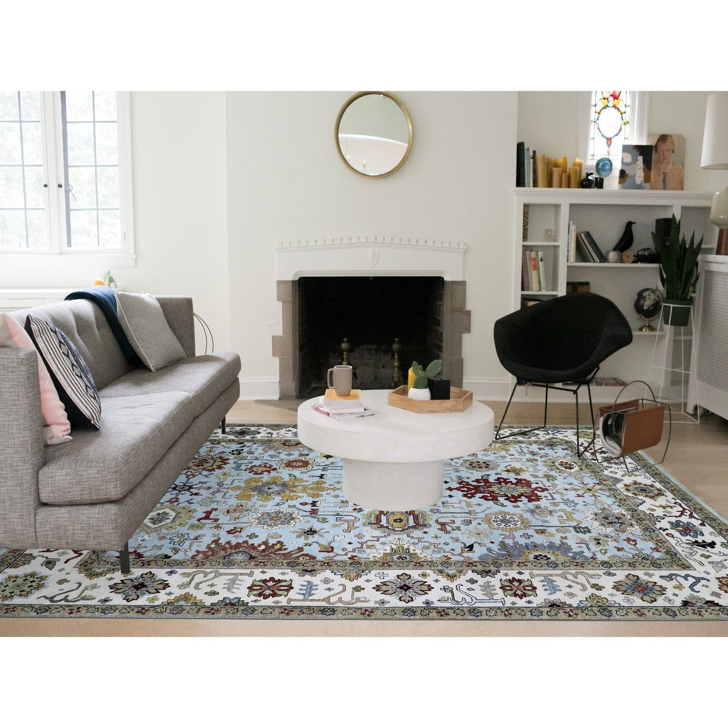 9'X12'5" Azure Sky Blue Hand Knotted Wool Agra Leaf Design Oriental Rug