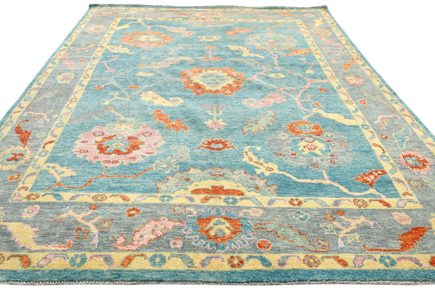 Handmade Muted Blue Floral Oushak Chobi Oriental