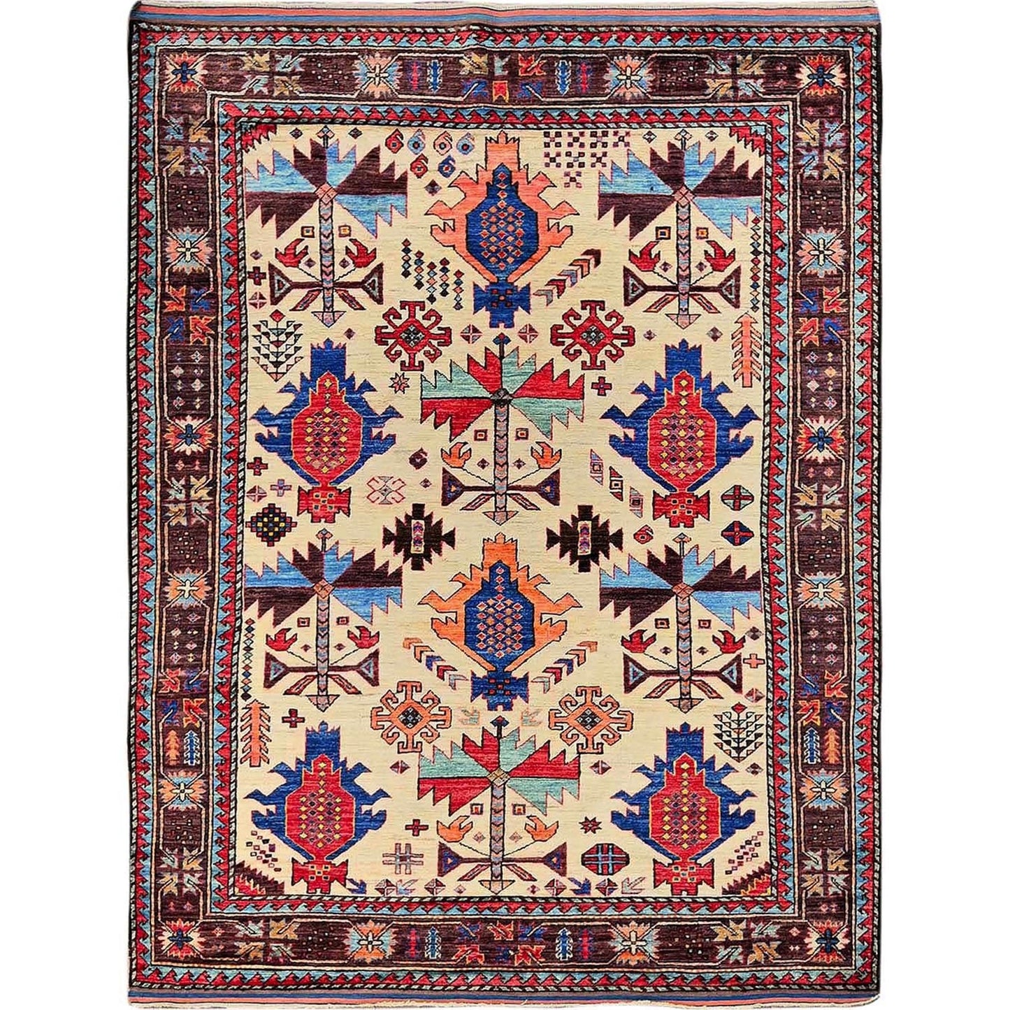 5'2"X6'8" Ivory Afghan Caucasian Design Revival Hand Knotted Soft Wool Rug
