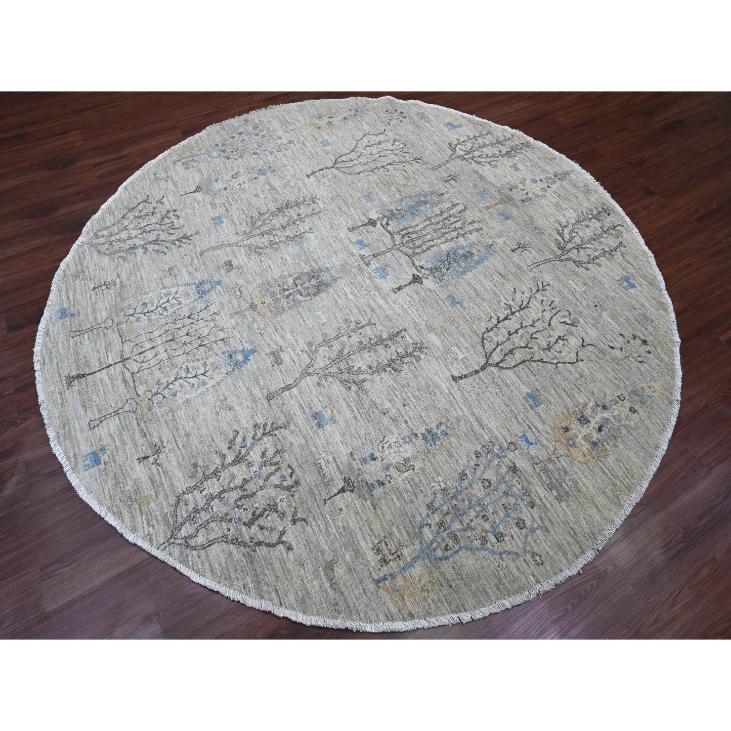 8'X8' Oyster Gray Peshawar Tree Design Hand Knotted 100% Wool Round Rug