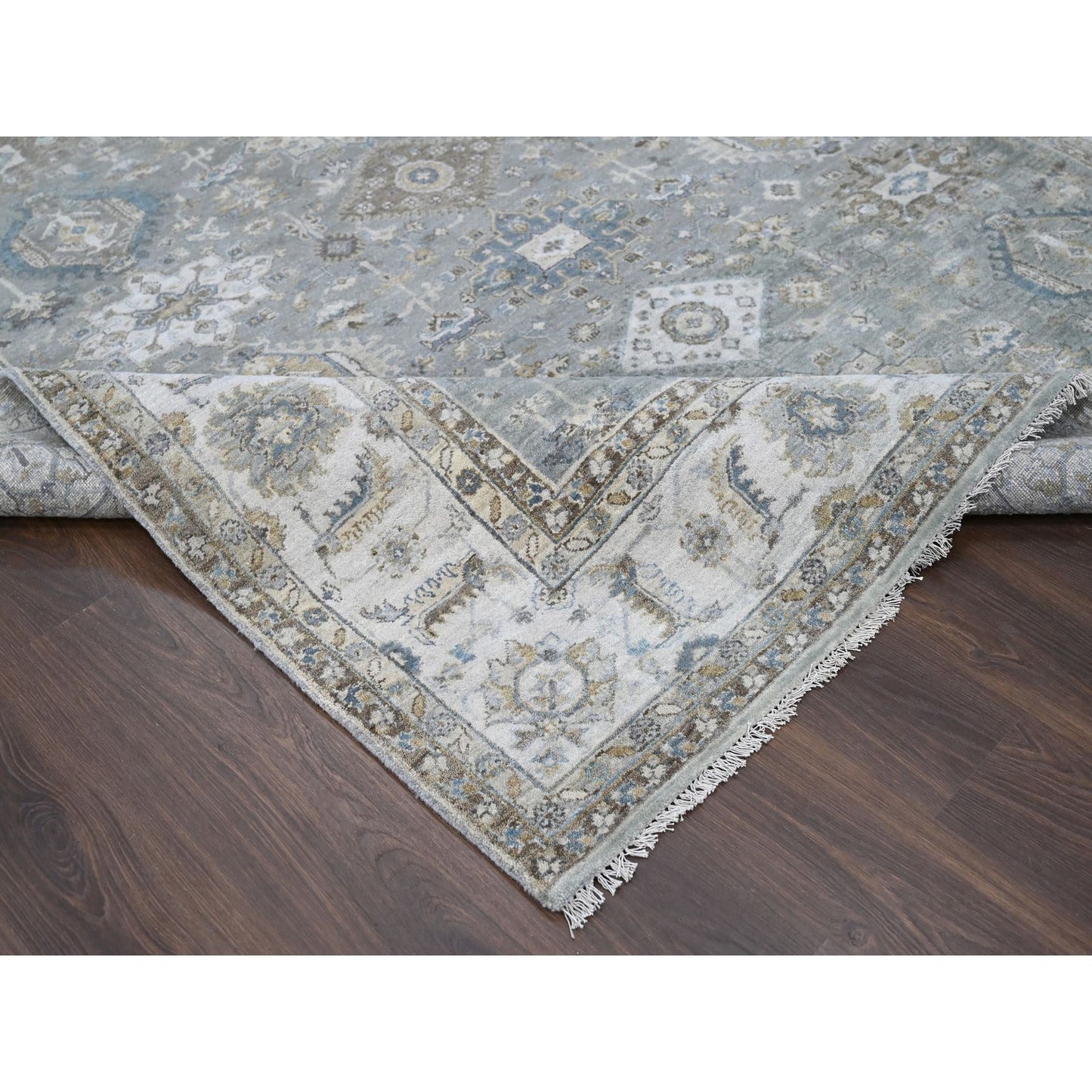 8'2"X16'3" Gray And Ivory Hand Knotted Karjihooz Design Wool Rug