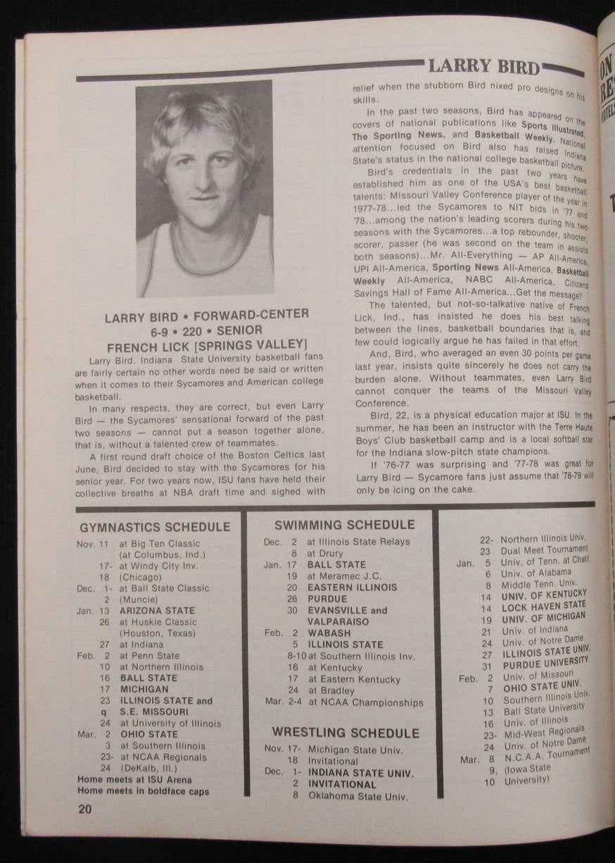 Larry Bird Hof Signed 1978 College Basketball