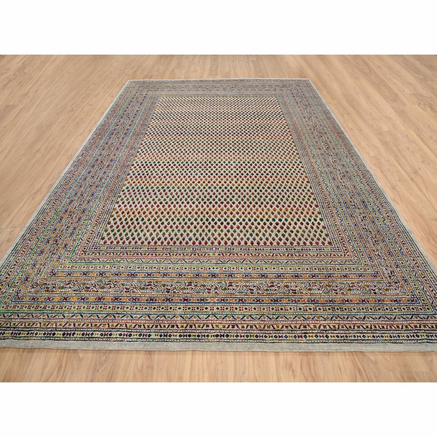 8'8"X12'2" Hand Knotted Beige Saroogh Colorful Wool And Sari Silk Rug