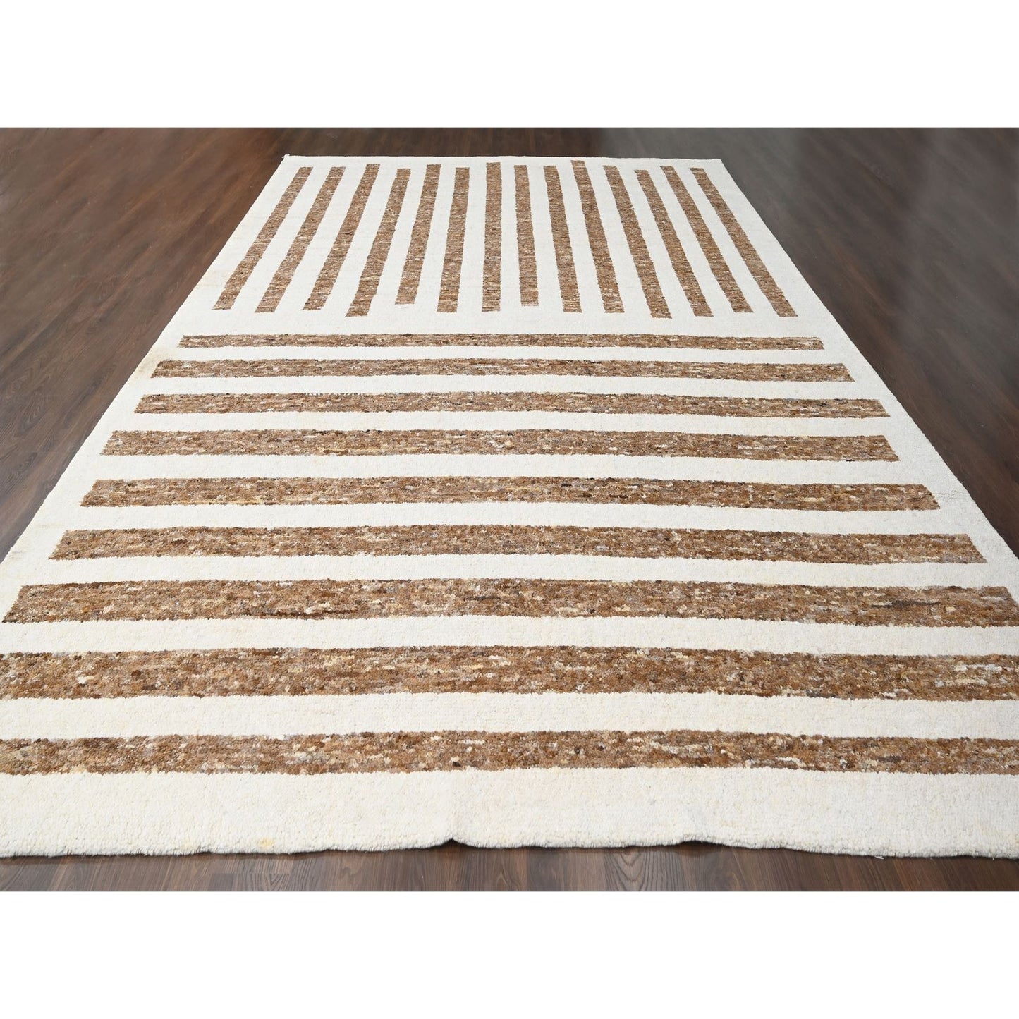 12'1"X17'9" Brown Wool Minimalist Stripe Design Hand Knotted Oriental Rug
