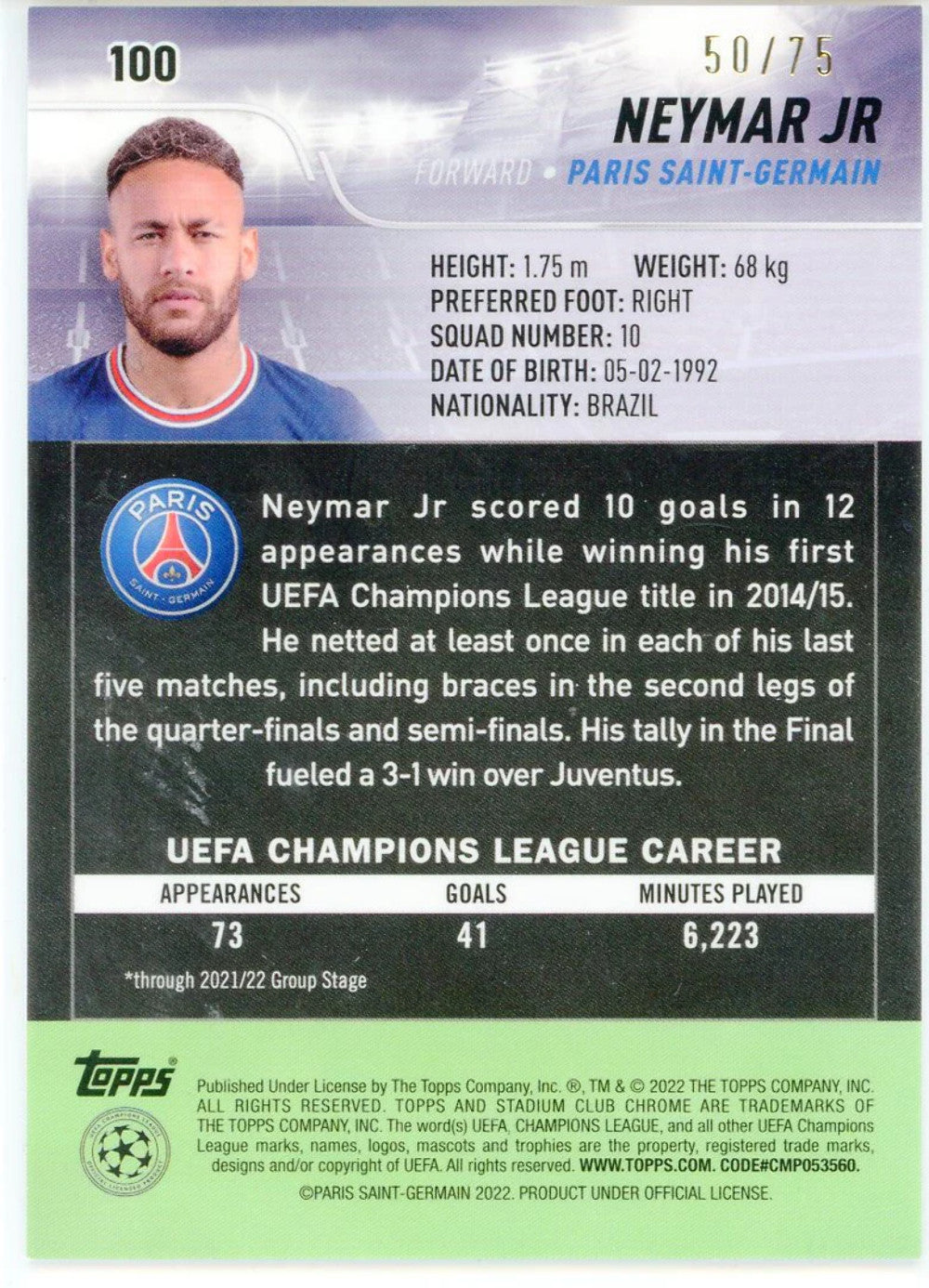 Neymar Jr. 2022 Topps Stadium Club Chrome Card