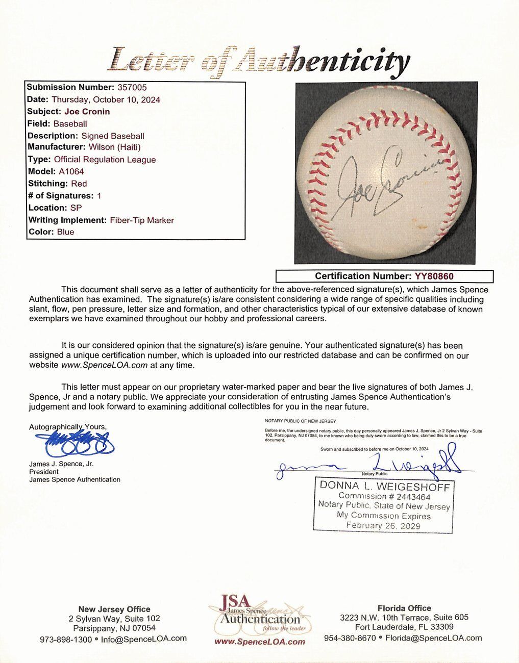 Joe Cronin Hof Signed Wilson Official Size