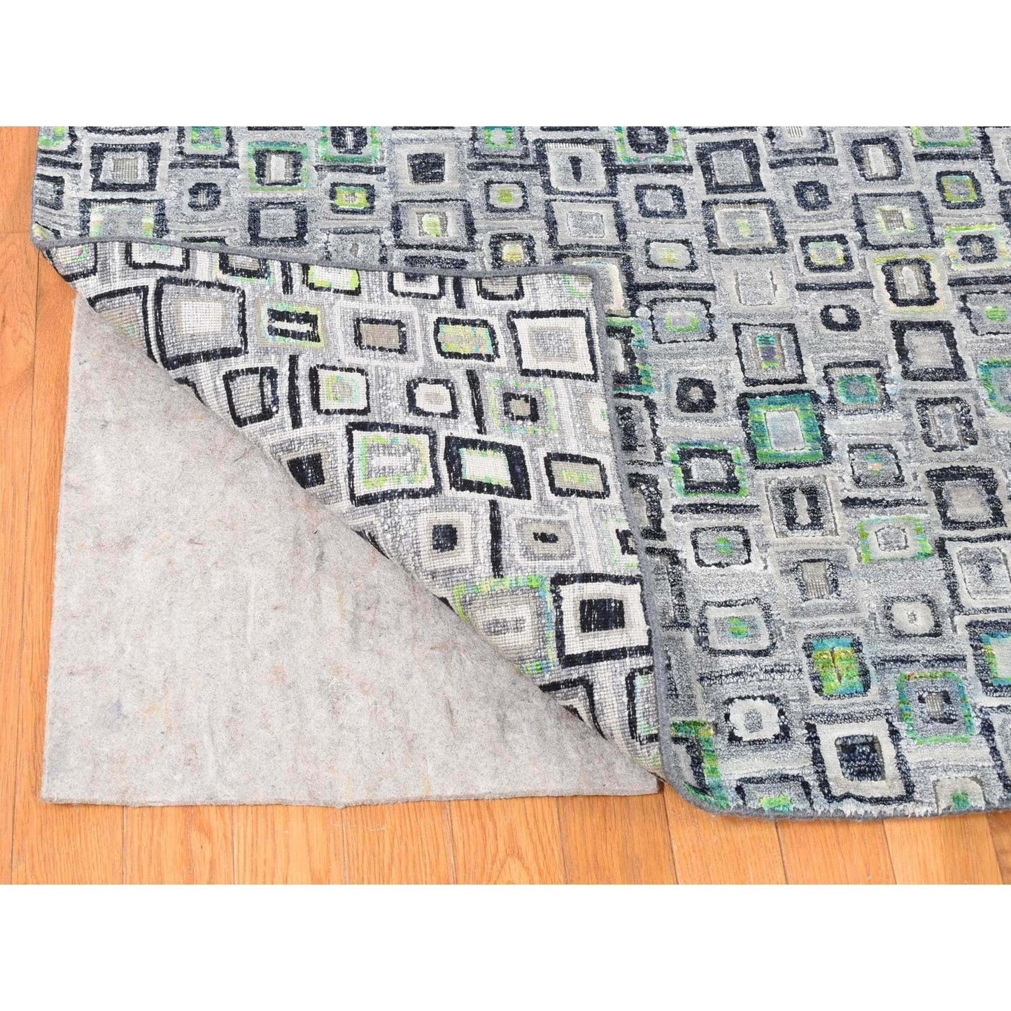 9'X12'3" Gray Silk With Wool Psefas Square Design Hand Knotted Rug