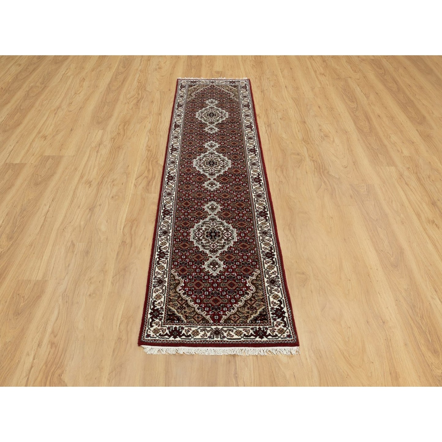 2'X8' Red Hand Knotted Fish Design Tebraz Mahi Wool And Silk Runner Rug
