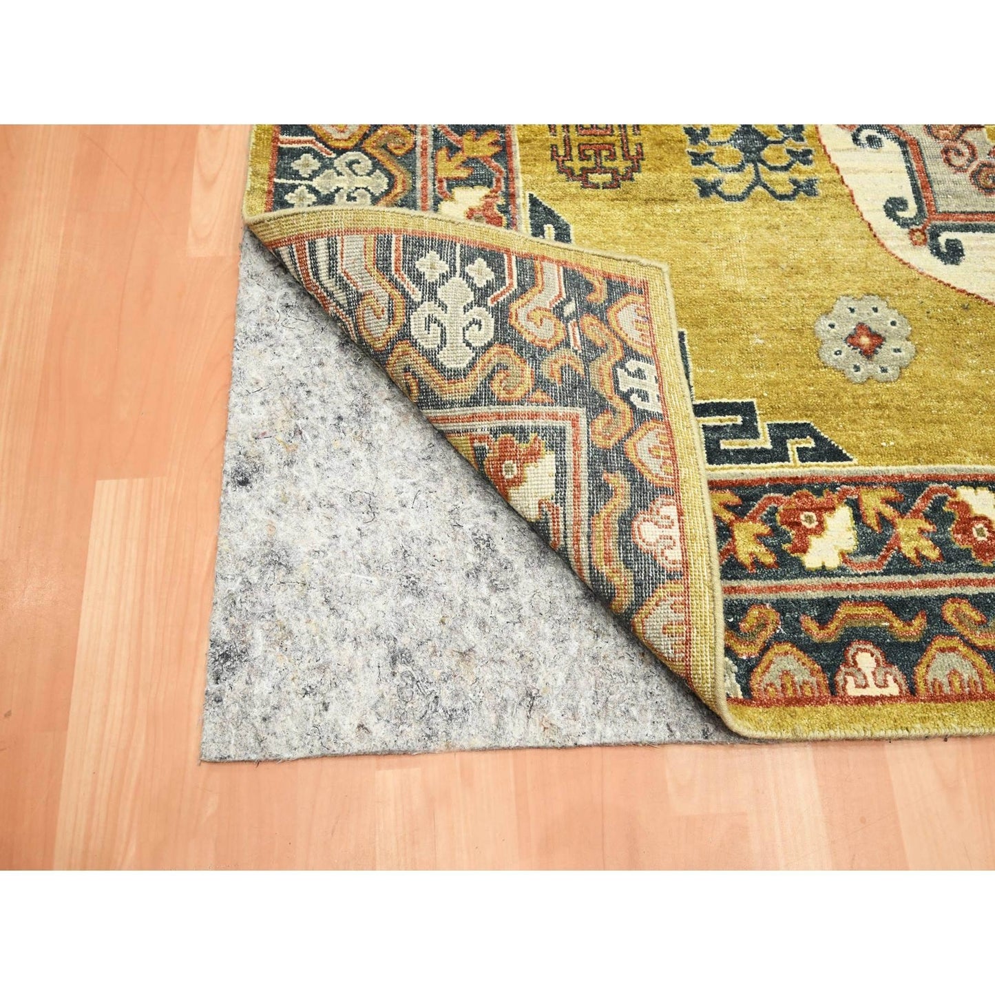 6'1"X9'4" Yellow Khotan Influence Distressed Hand Knotted 100% Wool Rug