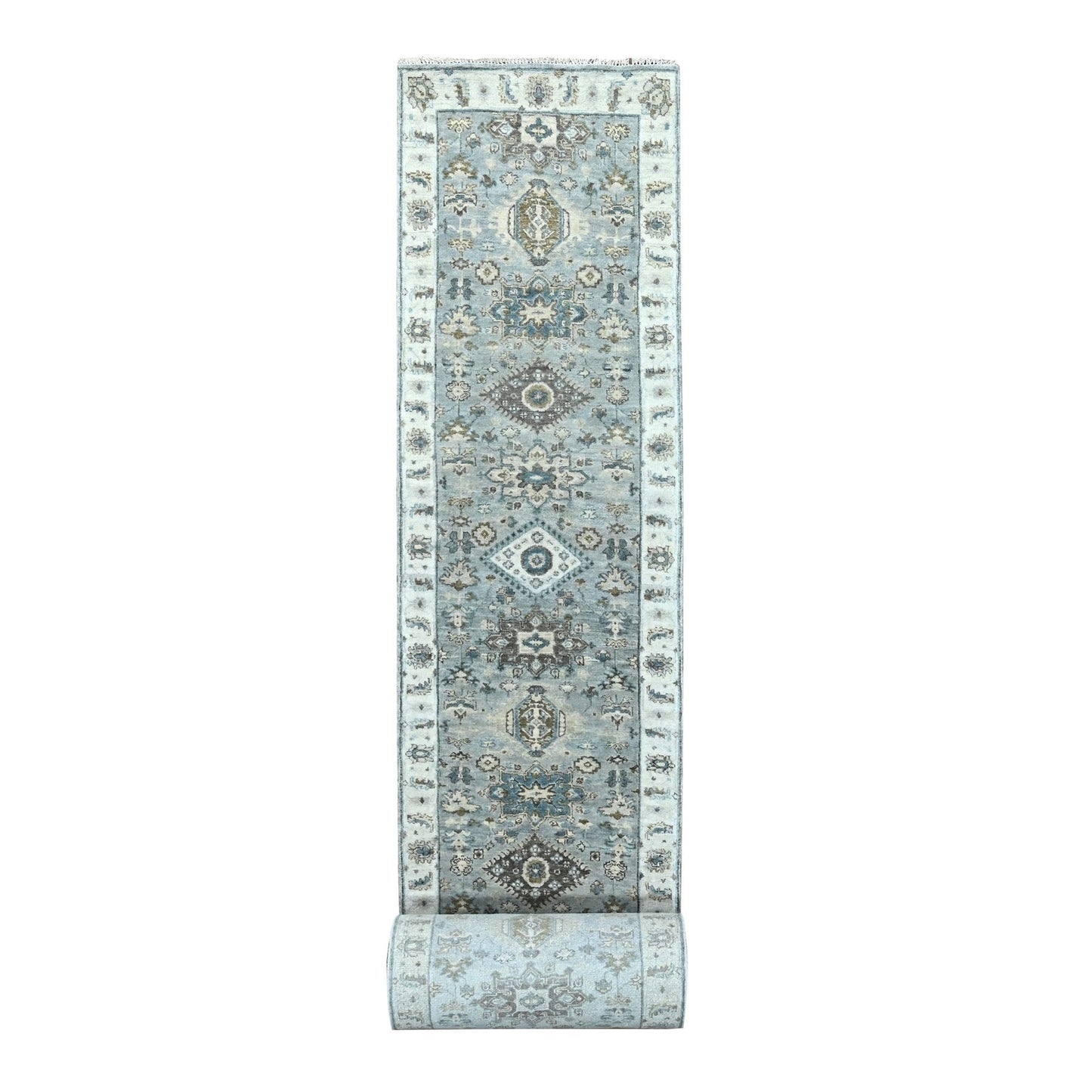 2'7"X27'9" Gray Karjihooz Geometric Design Hand Knotted Wool Runner Rug