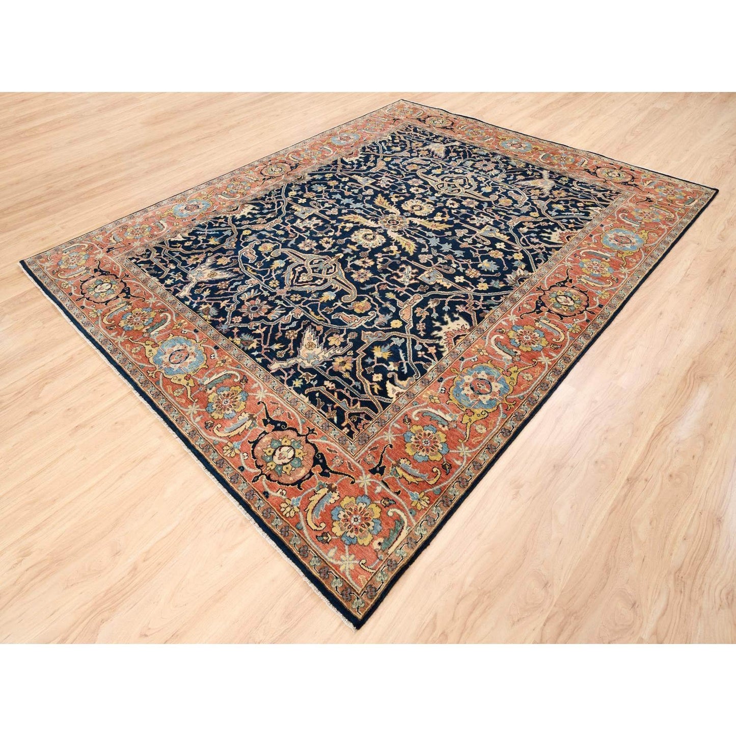 8'1"X10'1" Blue Antiqued Heris Re-Creation Soft Wool Hand Knotted Rug