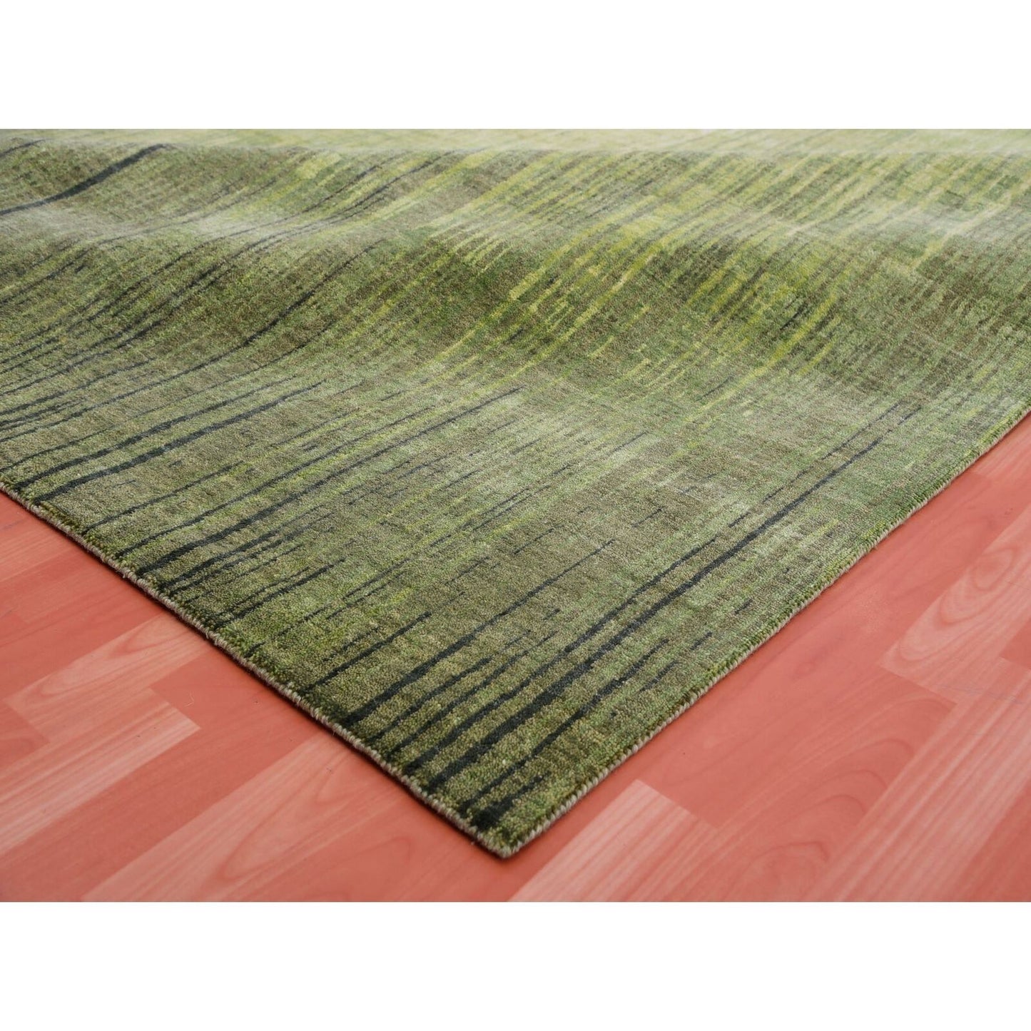 10'X14'4" Herbal Green Hand Knotted Vertical Ombre Design Soft Wool Rug