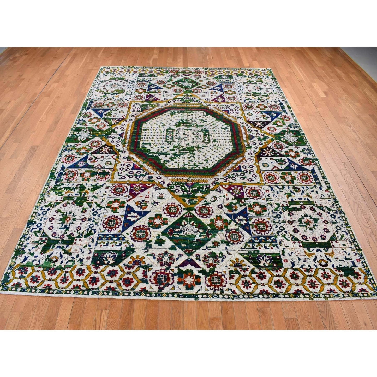 9'X12'1" Ivory Sari Silk Colorful Mamluk Design Hand Knotted Rug
