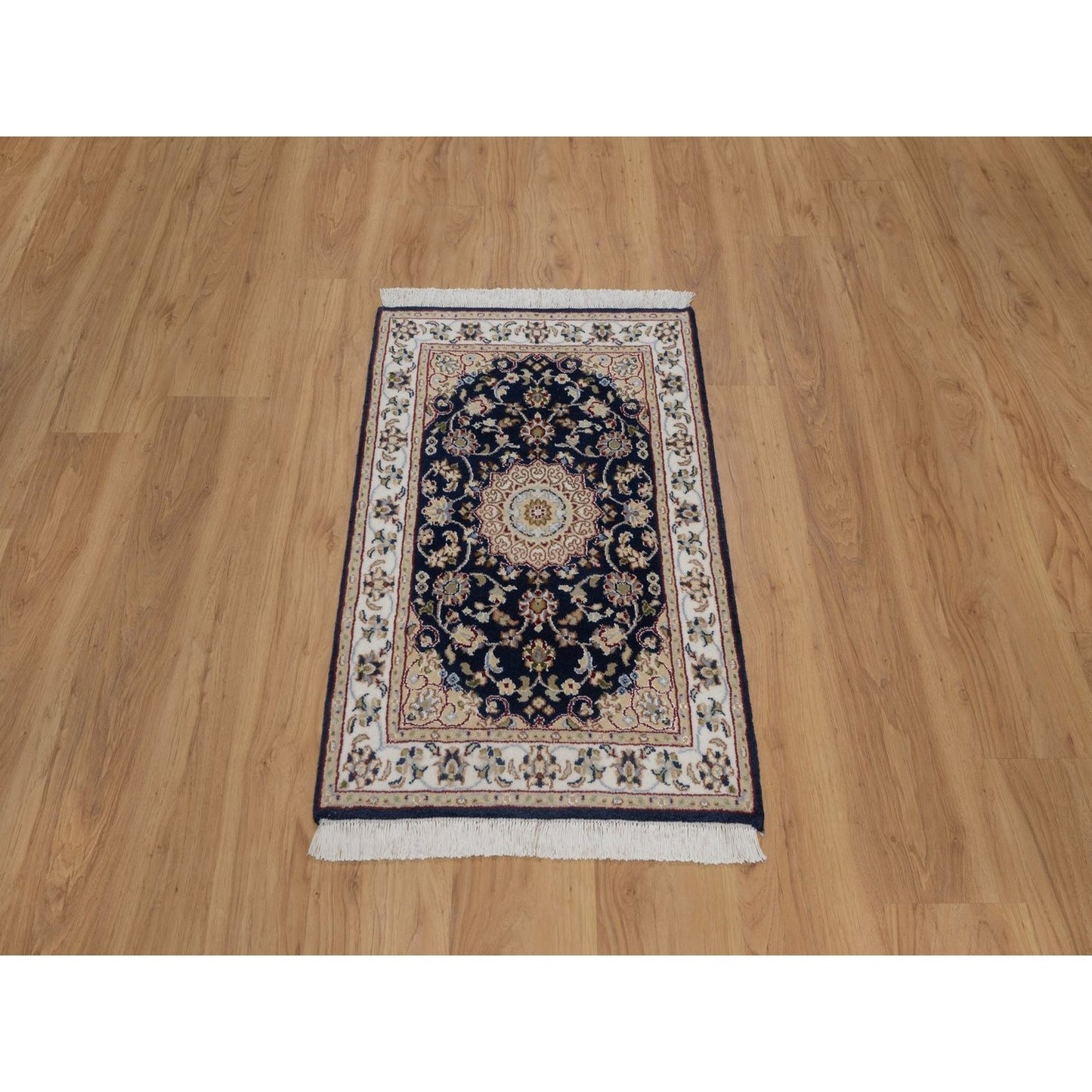 2'1"X3'2" Navy Nain Medallion Design Wool And Silk Hand Knotted Mat Rug