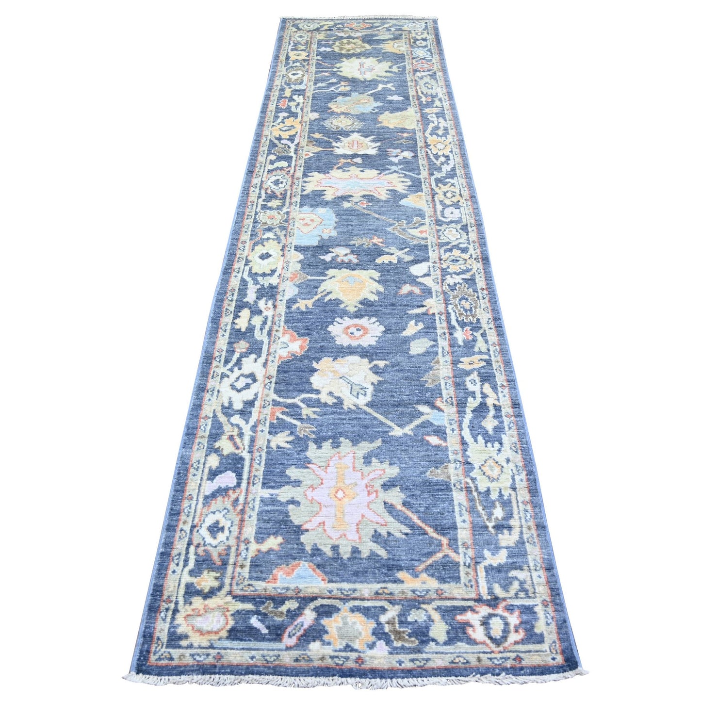 2'10"X11'10" Blue Afghan Angora Oushak Pure Wool Hand Knotted Runner Rug