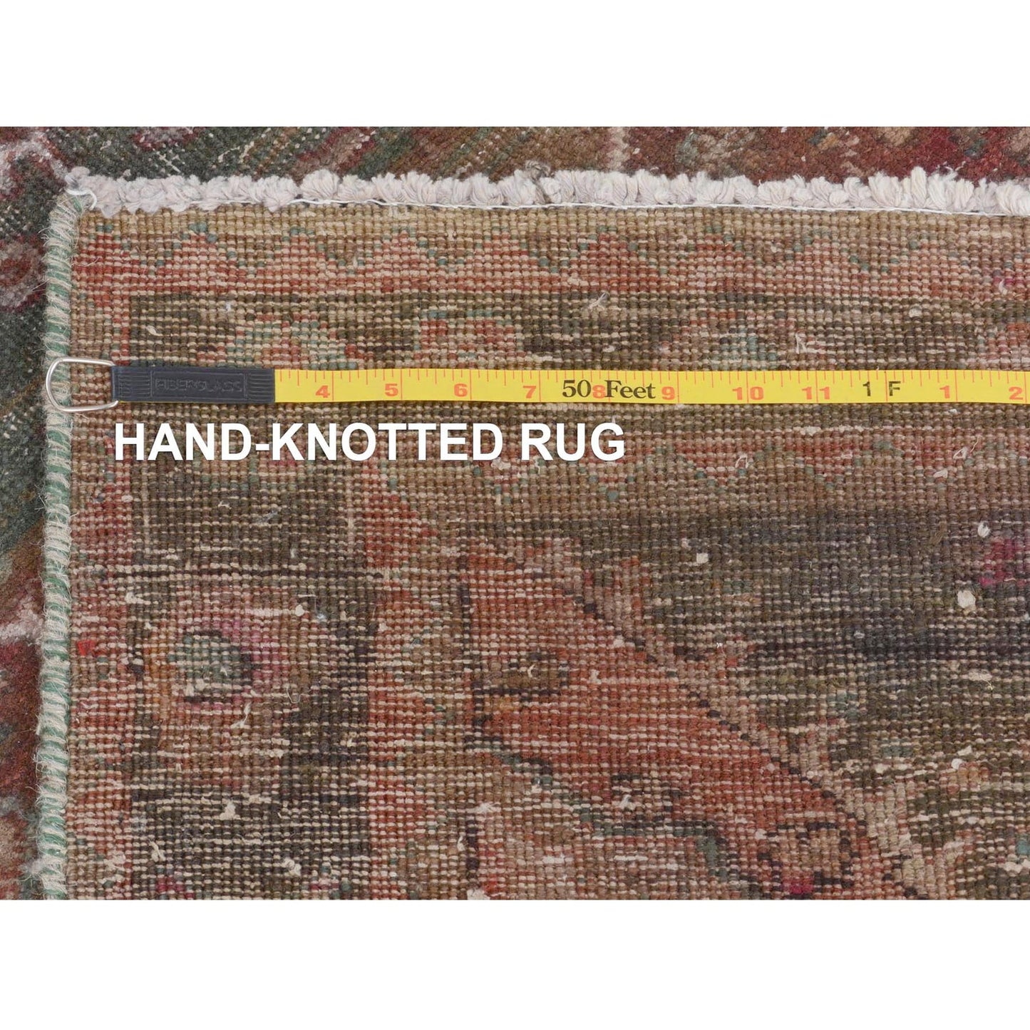 3'7"X12'3" Green Vintage And Worn Down Farsian Heris Handknotted Wool Rug