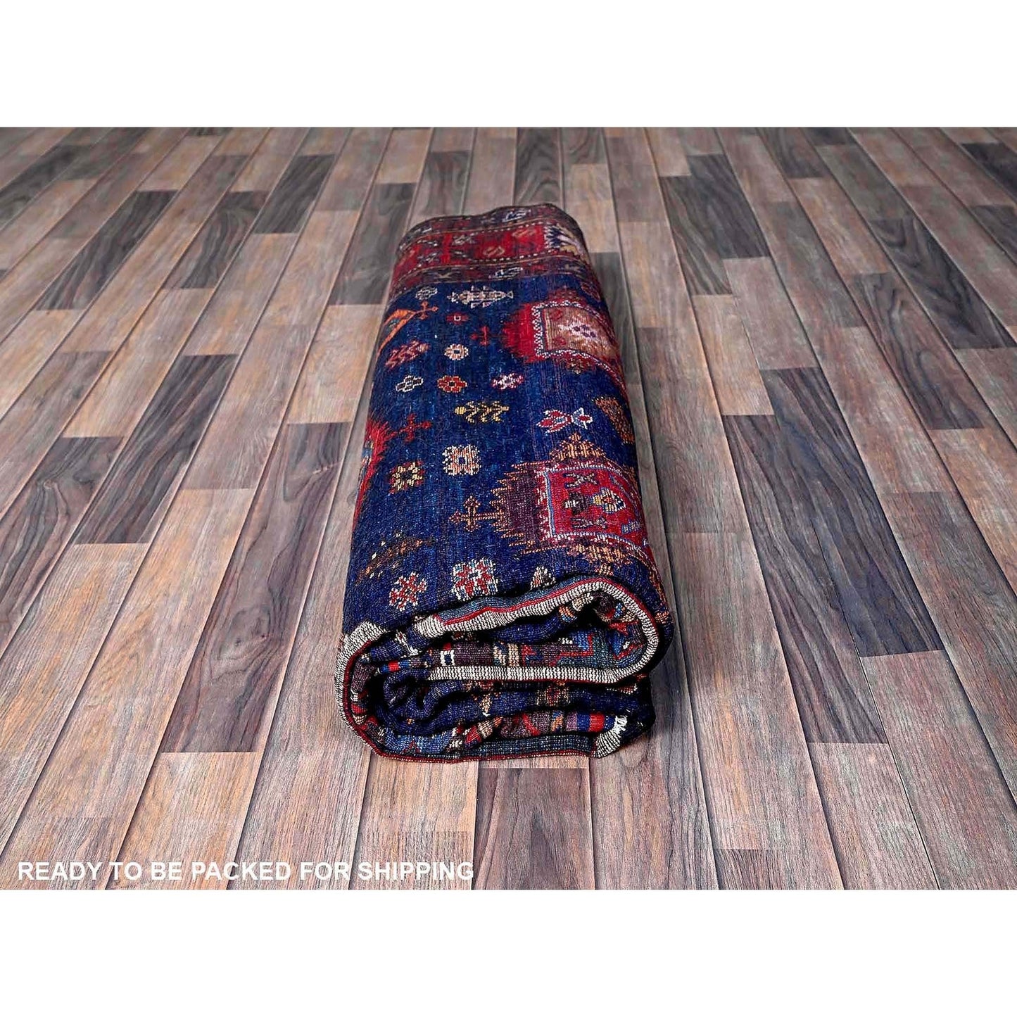 6'4"X8'9" Blue Afghan Ersari Caucasian Design Revival Wool Hand Knotted Rug
