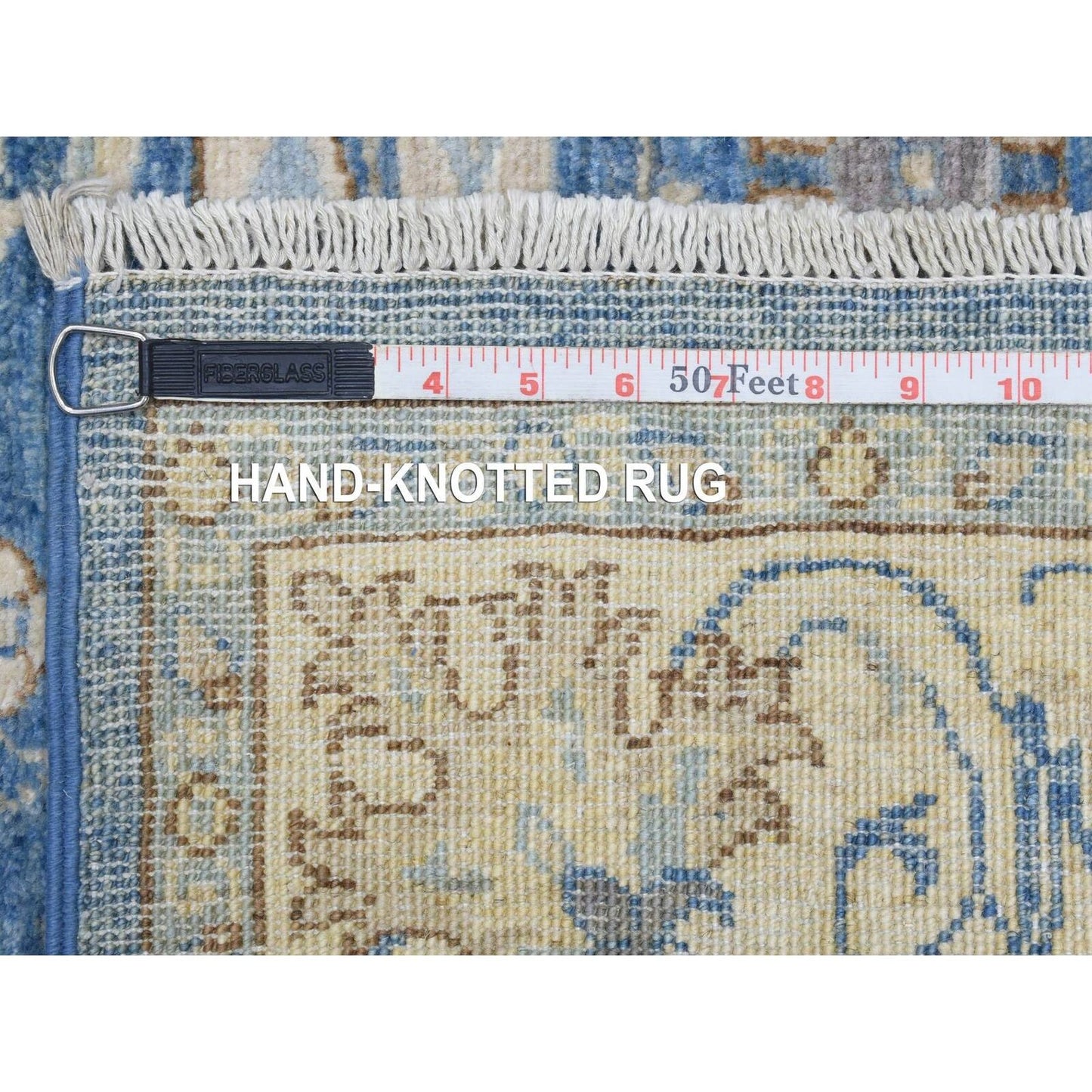 3'9"X13'3" Blue Fine Peshawar Soft Wool Hand Knotted Wide Runner Rug