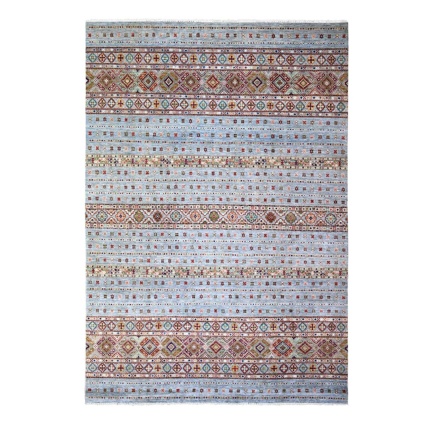 8'2"X11'10" Blue Gray Super Kazak Khorjin Design Hand Knotted Wool Rug