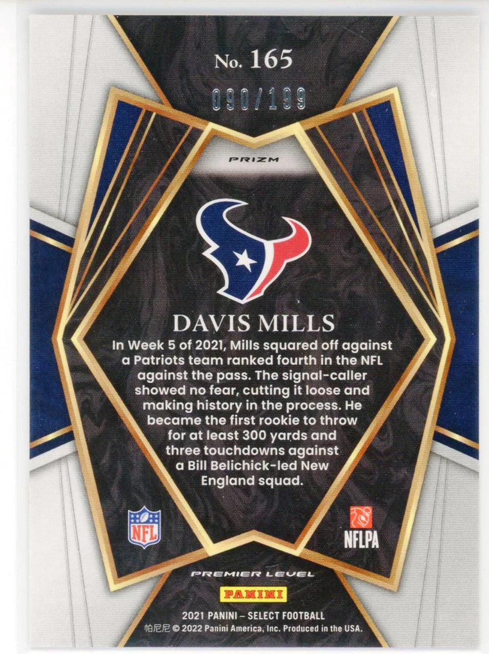 #165 Davis Mills 2021 Panini Select Red/ Blue Prizm Rookie Card