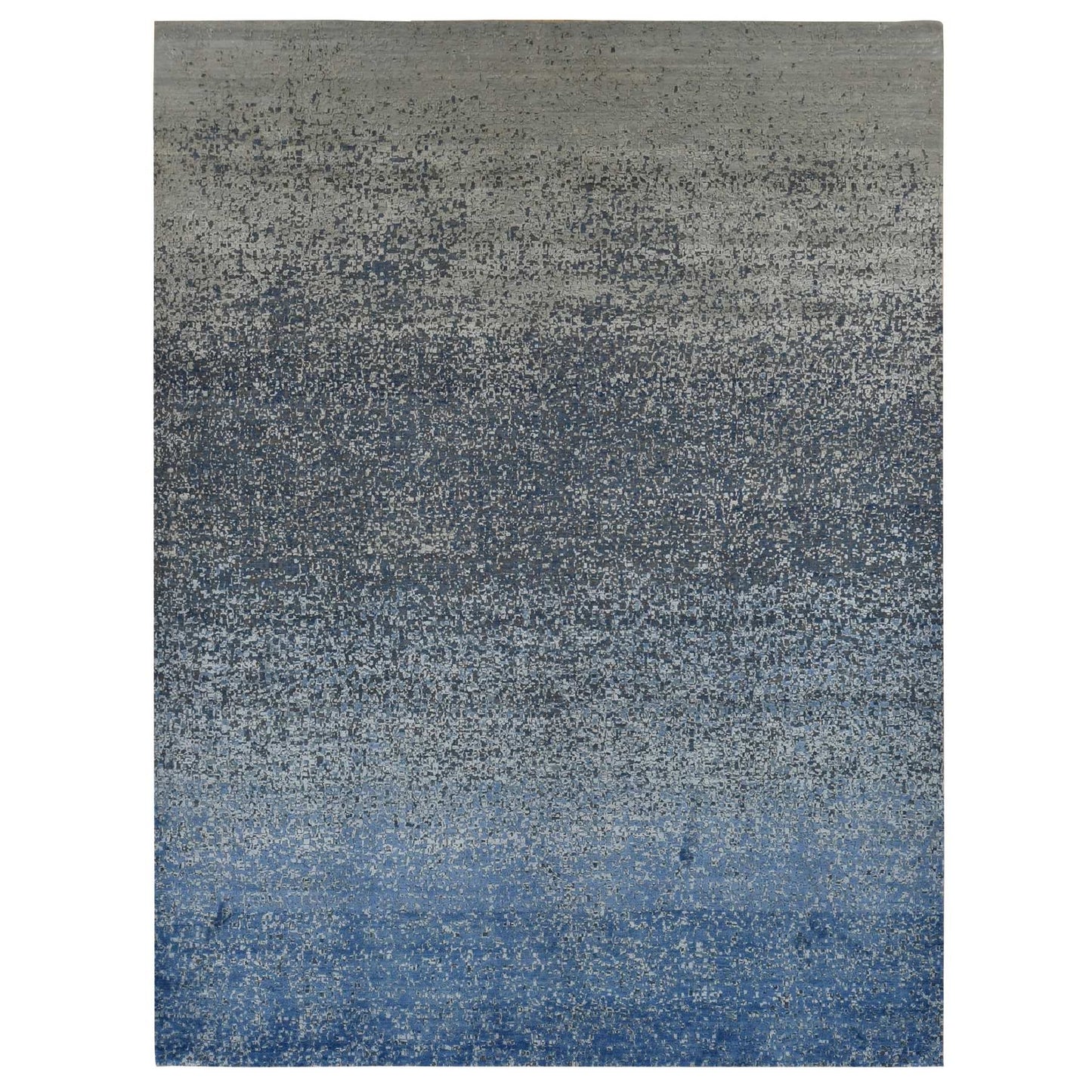 10'X14' Yale Blue Wool And Silk Modern Gradation Design Hand Knotted Rug