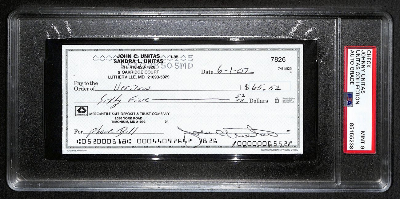 Johnny Unitas Signed 6/1/02 Check Psa/Dna Mint 9