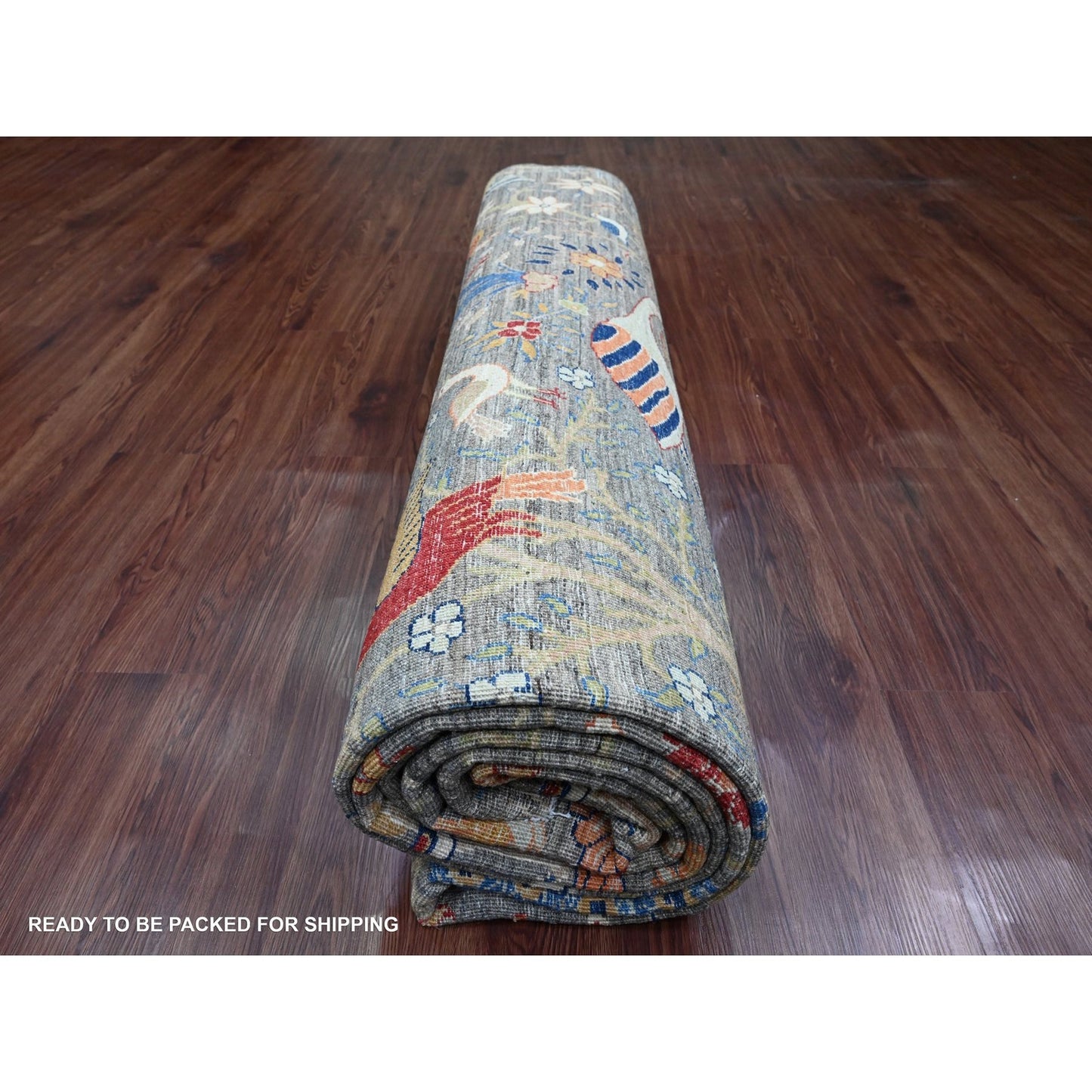 10'X13'6" Gray Hand Knotted Afghan Peshawar Birds Design Soft Wool Rug