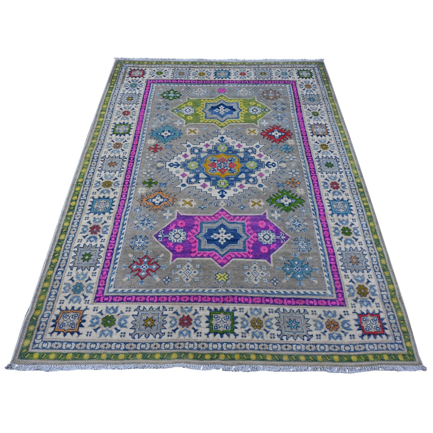 5'X6'8" Thunder Gray Velvety Wool Fusion Kazak Oriental Rug