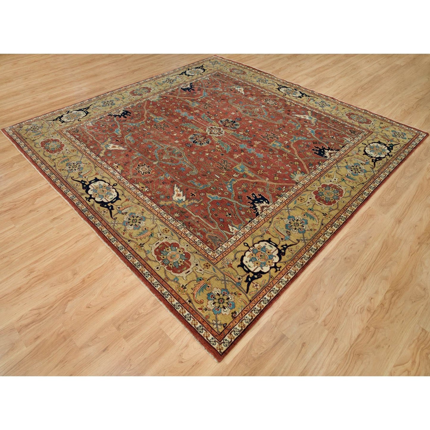 10'X10' Henna Red Antiqued Heris Hand Knotted Wool Square Oriental Rug